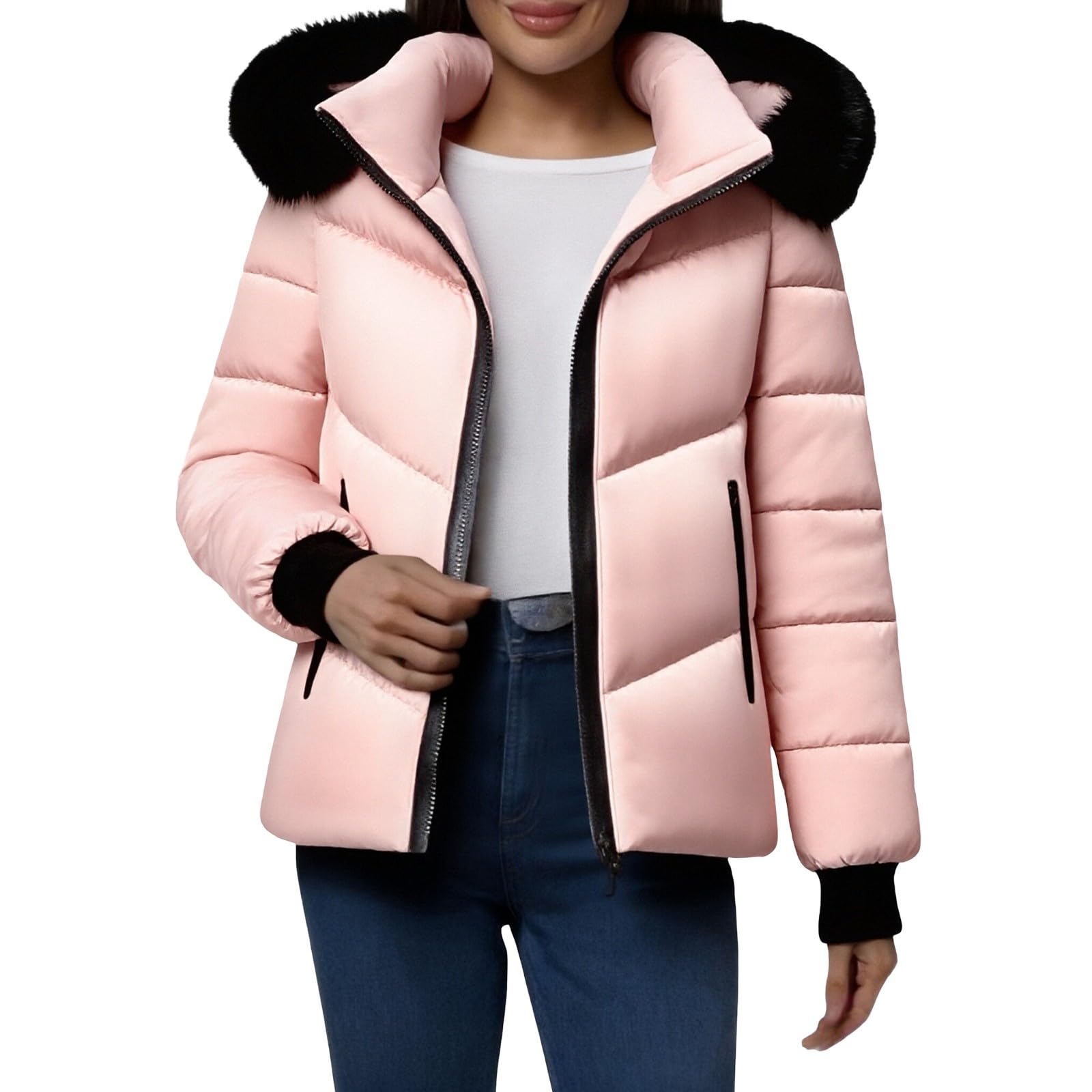 Piumino da donna con cappuccio staccabile in pelliccia e cerniera