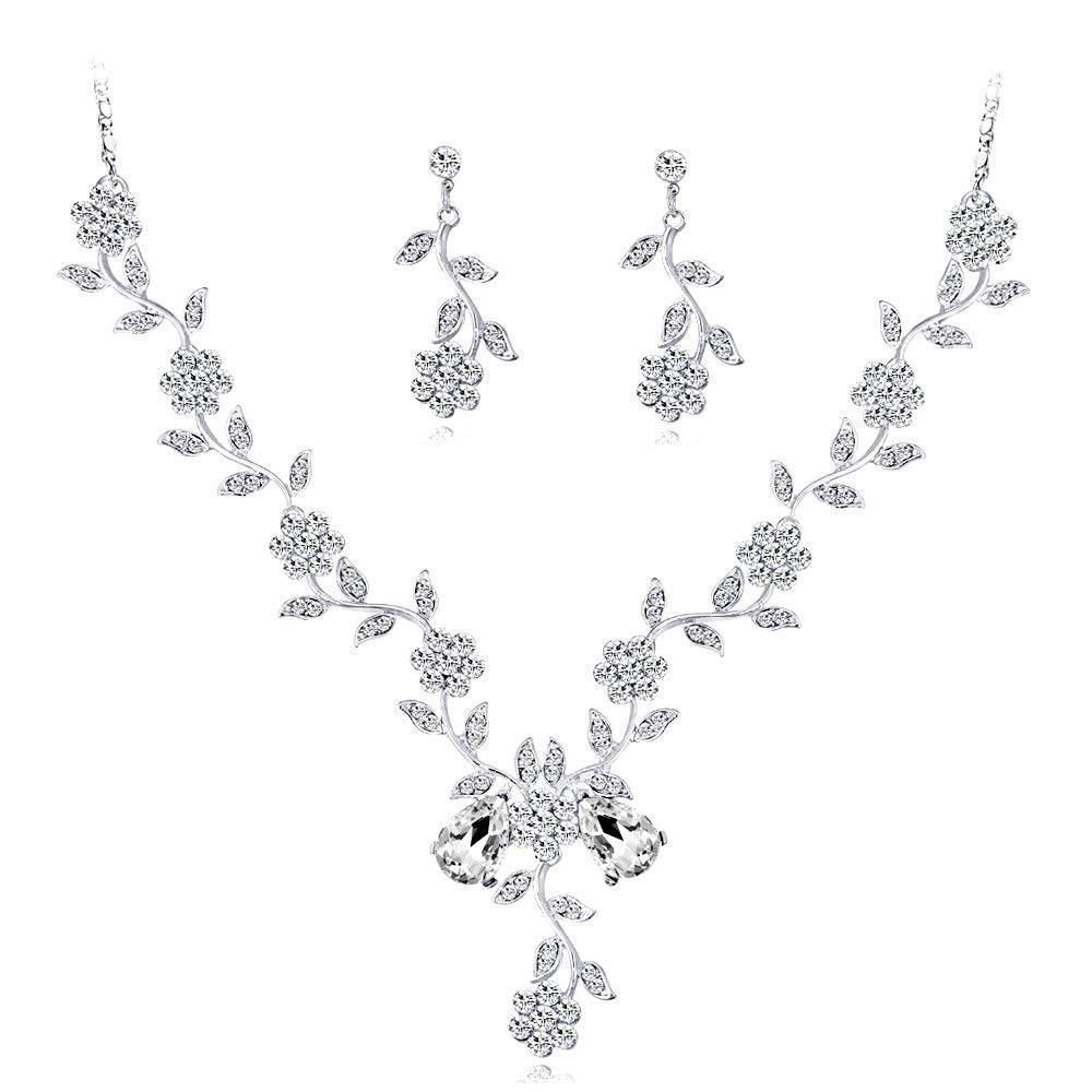 Elegante Conjunto de Joyas Nupciales de circonita cúbica con Flores, Hojas y Diamantes de imitación, Collar y Pendientes Colgantes para Novia.