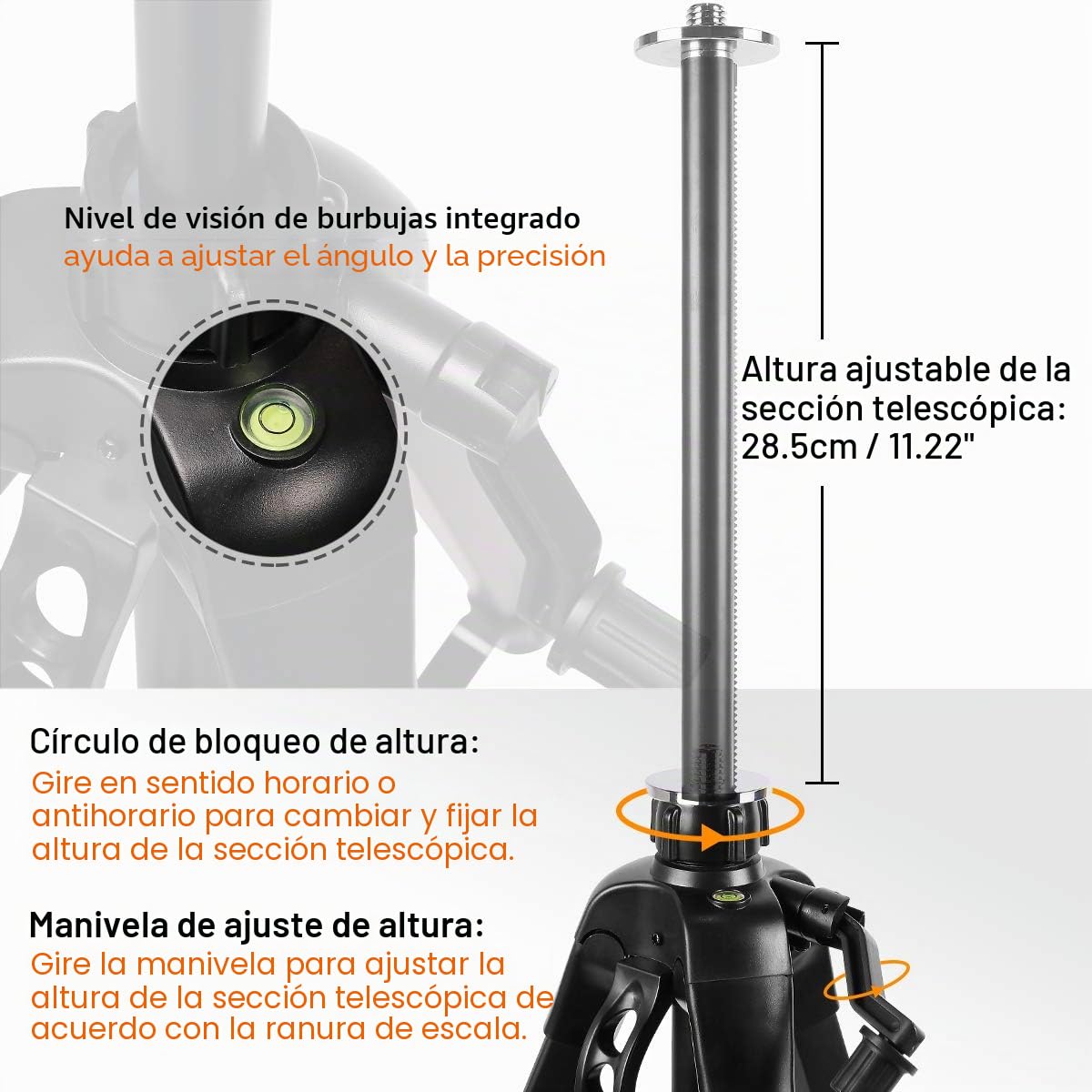 Huepar Trípode 1,6 m Cabeza plana Trípode de aluminio para nivel láser, Con burbuja horizontal, con rosca macho de 5/8 "-11 y adaptador de tornillo de 1/4" -20, Bolsa de transporte incluida - TPD16
