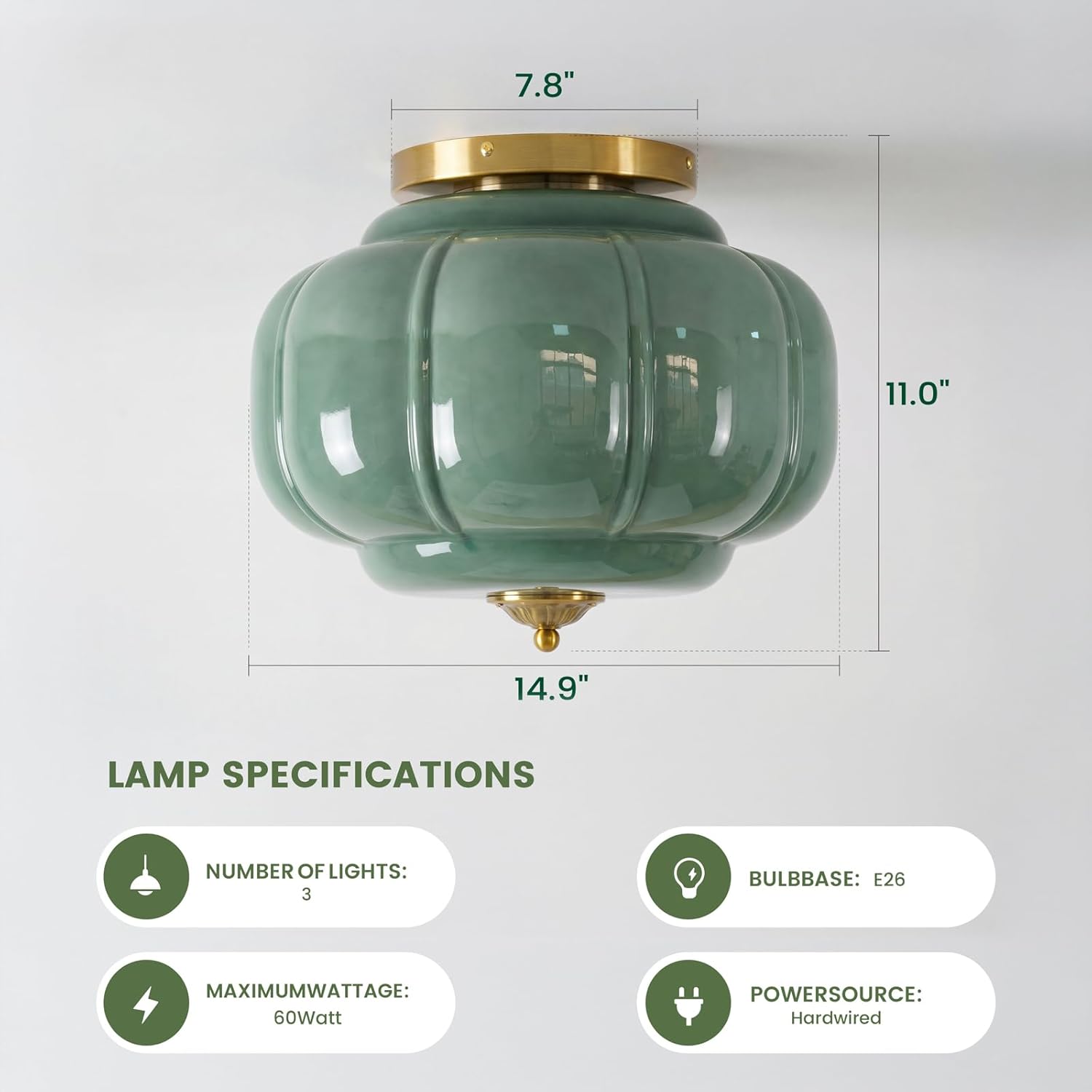 Milk Glass Ceiling Light Fixture - Farmhouse Antique Brass Semi Flush Mount Ceiling Light for Kitchen, Hallway, and Bedroom (Green 15 inch)