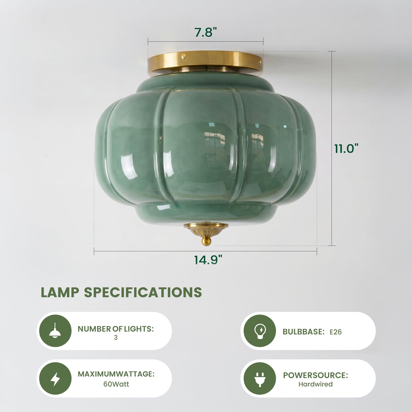 Milk Glass Ceiling Light Fixture - Farmhouse Antique Brass Semi Flush Mount Ceiling Light for Kitchen, Hallway, and Bedroom (Green 15 inch) — view 5