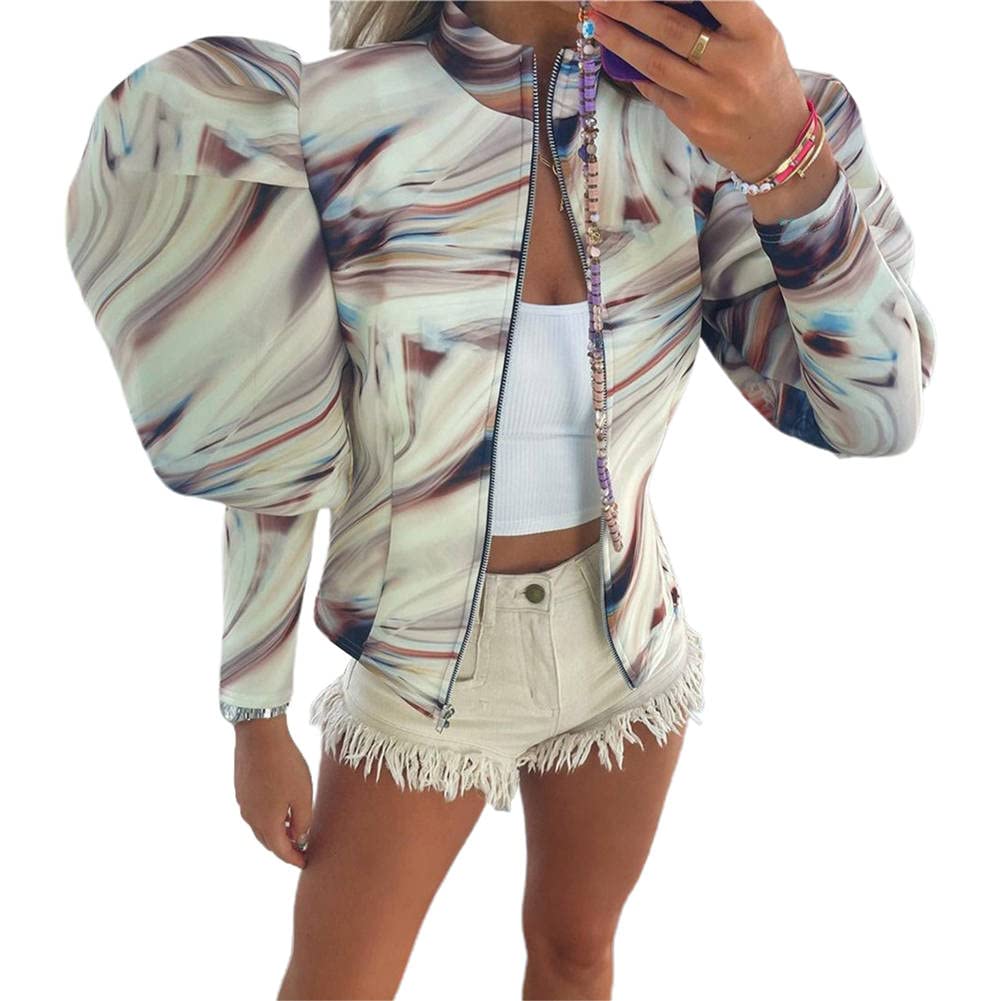 Greetuny Women Casual Winter Coat Solid Color Puff Sleeve Zipper Cardigan Jackets High Neck Short Sweater Jacket