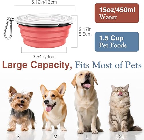 Miniatura 4 de Pawaboo Paquete de 2 cuencos plegables para perros, cuencos de silicona con tapas y mosquetones para perros y gatos, tazón portátil para alimentos