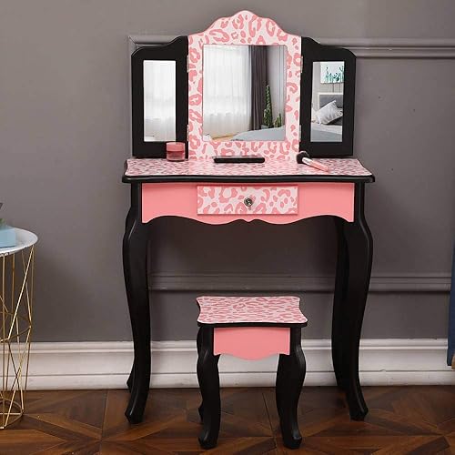 Vanidad para niños, juego de mesa y silla de maquillaje de madera para niñas, escritorio de tocador infantil con estampado de leopardo rosa, tocador
