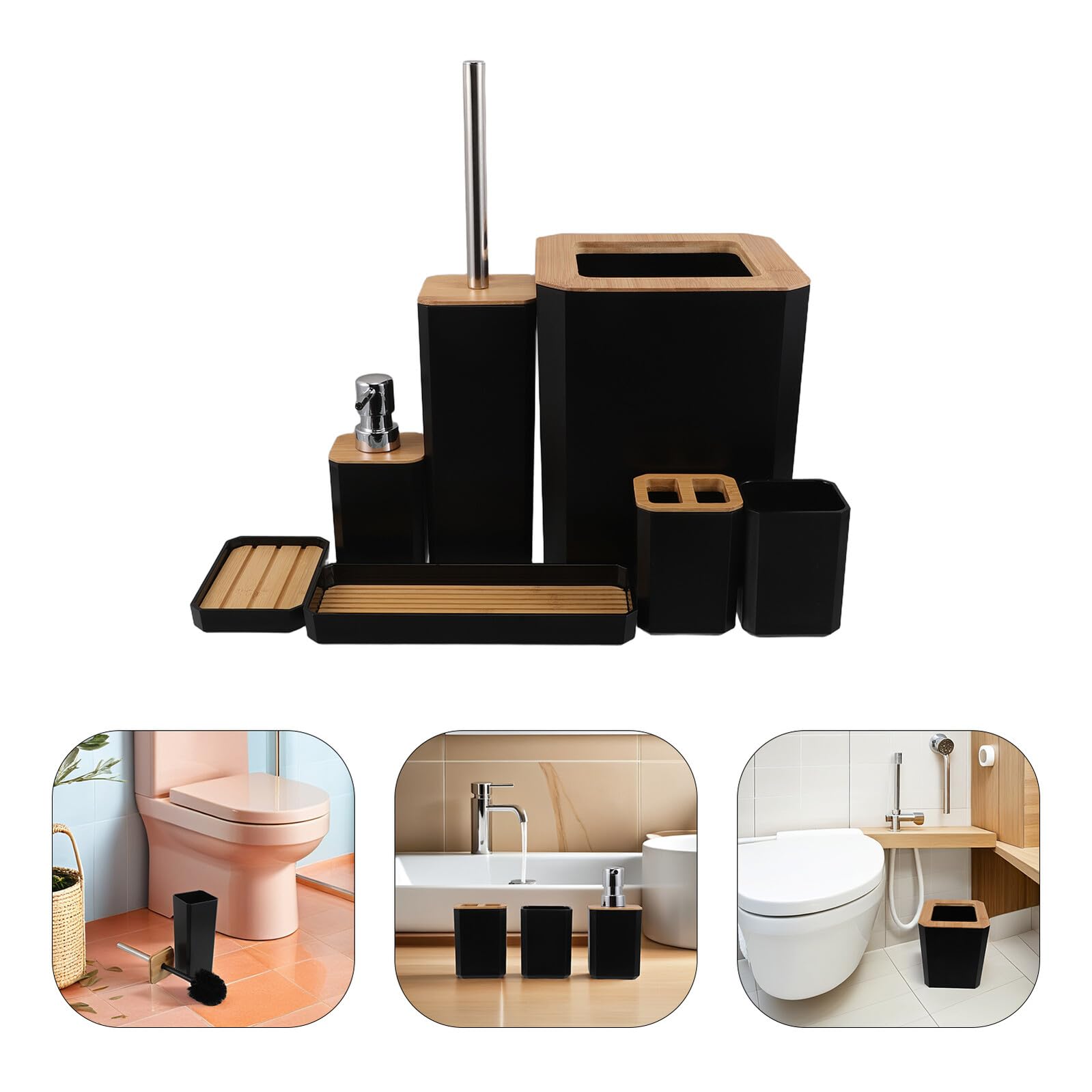 Set Accessori Bagno in Bambù Nero per Casa e Hotel | Porta Spazzolini, Dispenser Sapone, Bicchiere, Piattino, Finitura Nera, Manutenzione Semplice