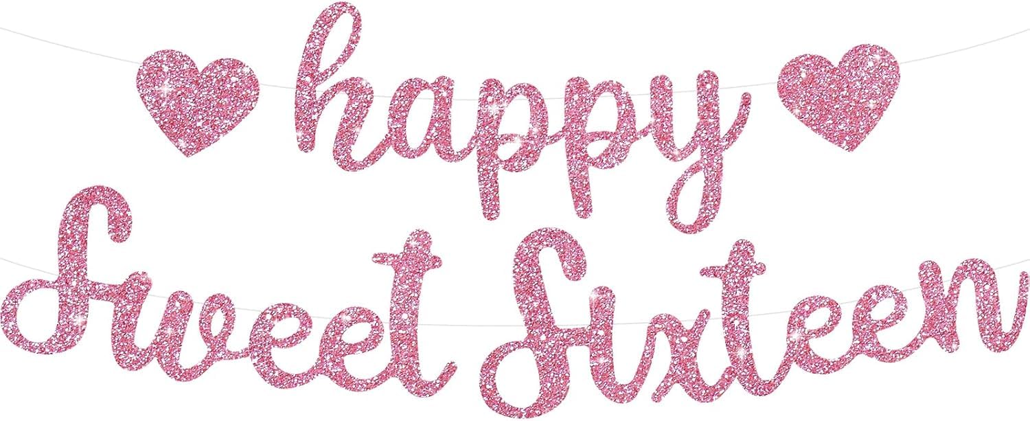 Happy Sweet Sixteen Glitter Birthday Pink Banner Pre-Strung 12ft, 16th Birthday Sign for Girls Women, Perfect for Sweet 16 Party Mantel Banister Window Dessert Table Decor & Festive Photo Backdrops
