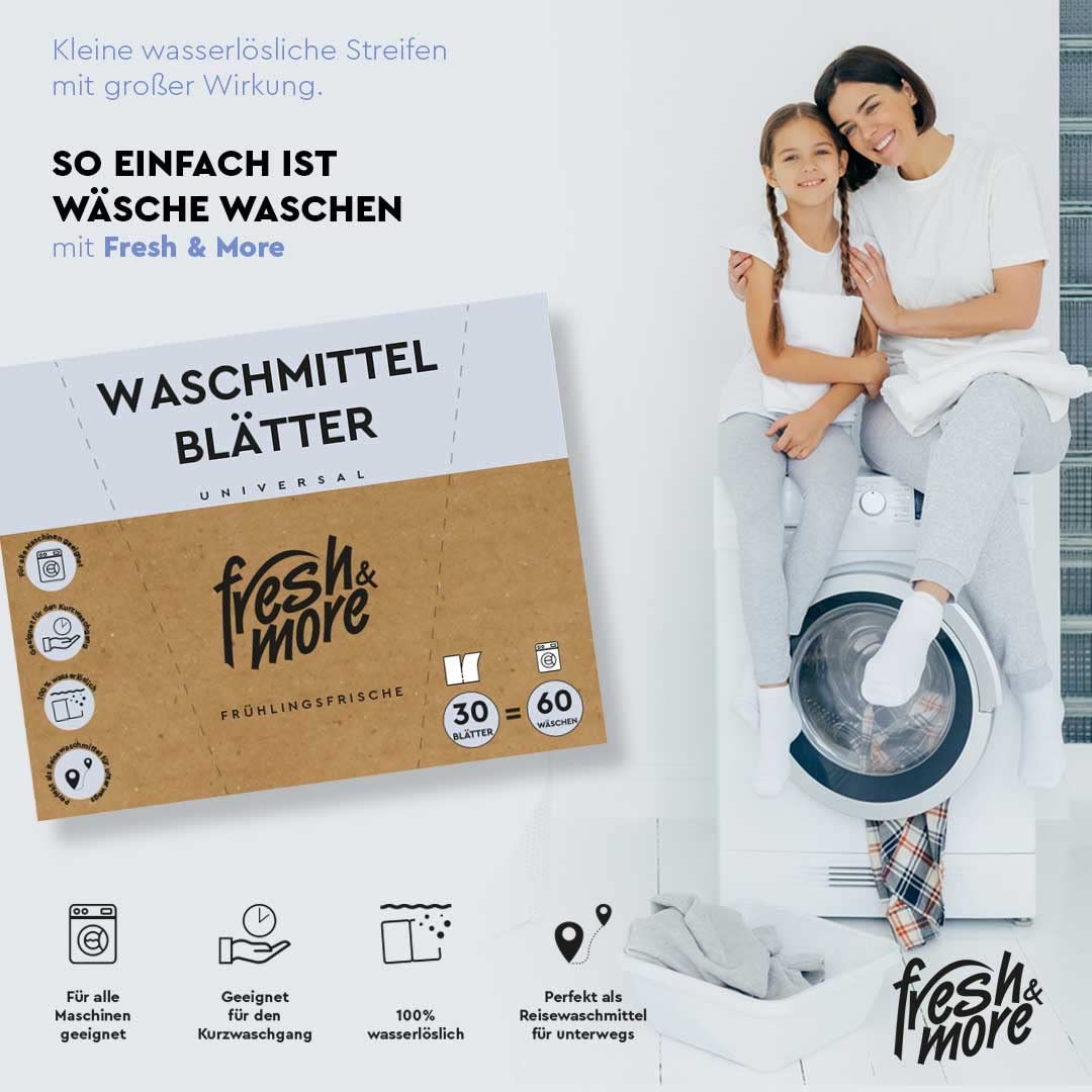 Fresh & More Waschmittel-Blätter 180 Blatt (6er Pack), Frühlingsfrische, Waschmaschinen Waschblätter bis zu 360 Waschgänge