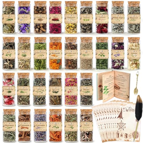 Witchcraft Kit with 30 Herbs Complete Wiccan Starter Set with Spell GuideBook Feather Pen Parchment Paper & Spoon | All-in-One Ritual Supplies for Spells Altar & Spiritual Witchy Gifts