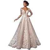 Tsbridal Women's Long Sleeve Lace Beach Wedding Dresses for Bride 2025 A Line Applique Wedding Bridal Gowns