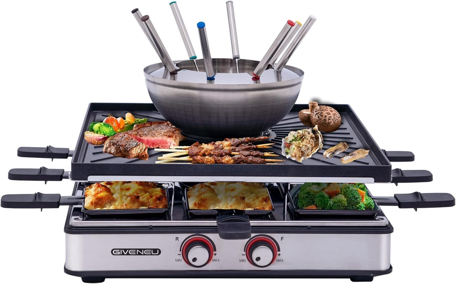 GIVENEU Raclette und Fondue Set elektrisch, 600ml Fondue Topf mit Grillplatte, 8 Farbmarkierte Gabeln, 8 Antihaft-Pfännchen, Doppelthermostat für Käse, Schokolade und Grillen