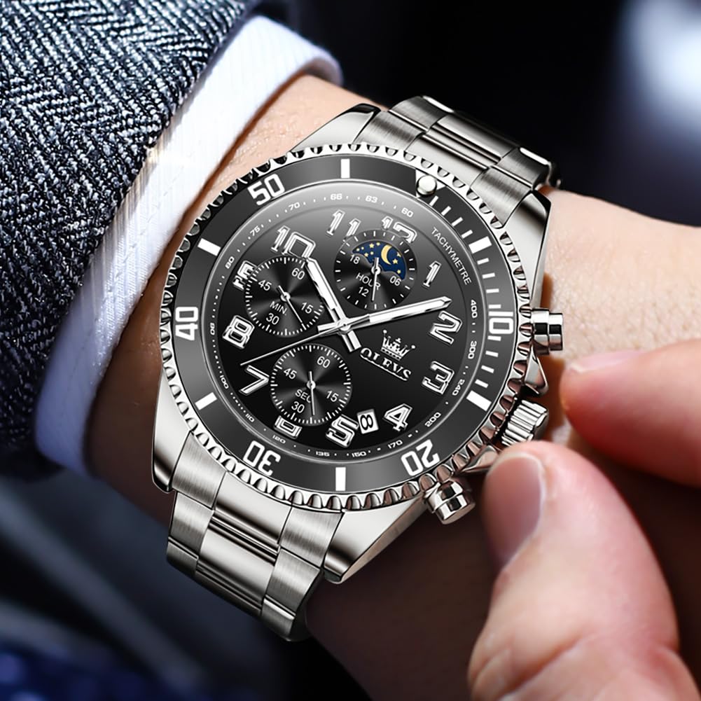 OLEVS Reloj de Pulsera para Hombre, cronógrafo, de Lujo, Fase Lunar, de Acero Inoxidable, Resistente al Agua, Luminoso, Calendario de Negocios, Reloj de Pulsera