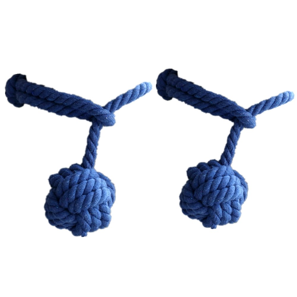 lineEUbea 2Pcs Hand Knitting Curtain Holdbacks, Cotton Rope Tiebacks Curtain Clips Handmade Curtain Holder with One Ball for Beach Decor Rustic Rooms (Blue, Cotton Rope with ball)