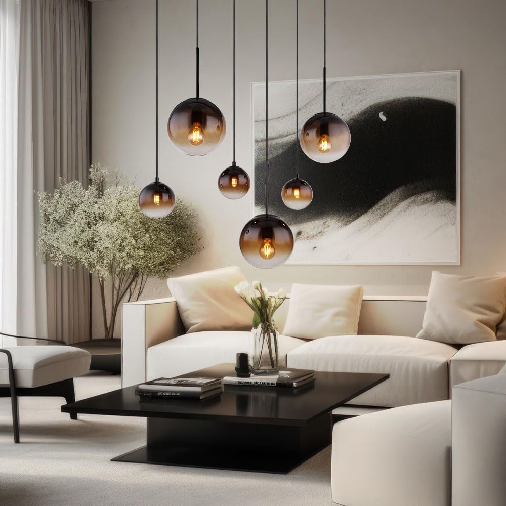 Pendelleuchte Esszimmerlampe Hängeleuchte Deckenlampe Wohnzimmerleuchte, Metall Glas amber rauchfarben schwarz, 3x E27 3x G9, 6 Flammig, H 117 cm