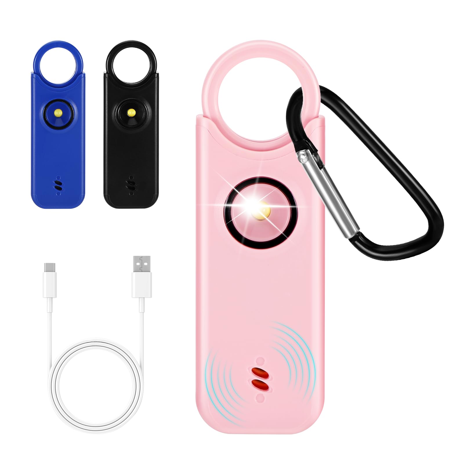 Sprifityy Alarma Personal, Alarma De Bolsillo para Mujer, con Sirena de 130 dB y luz de Señalización LED, Llavero Recargable USB Tipo-C para Mujeres, Niños/Mujeres/Ancianos (Rosa)