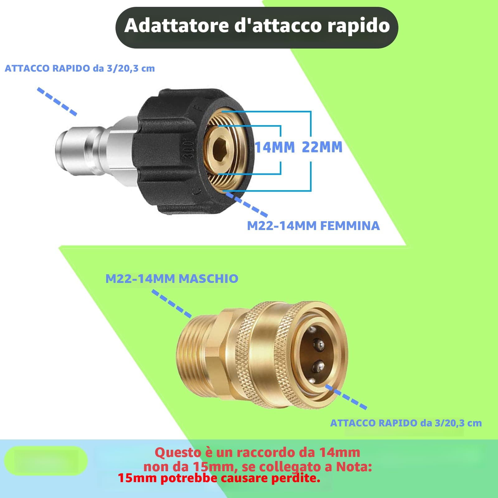 Set adattatore per lavatrici a pressione 8-Pack, kit di raccordi per tubi flessibili di scollegamento rapido, filettatura femmina metrica M22-14mm a raccordo maschio, accoppiatore rapido in ottone