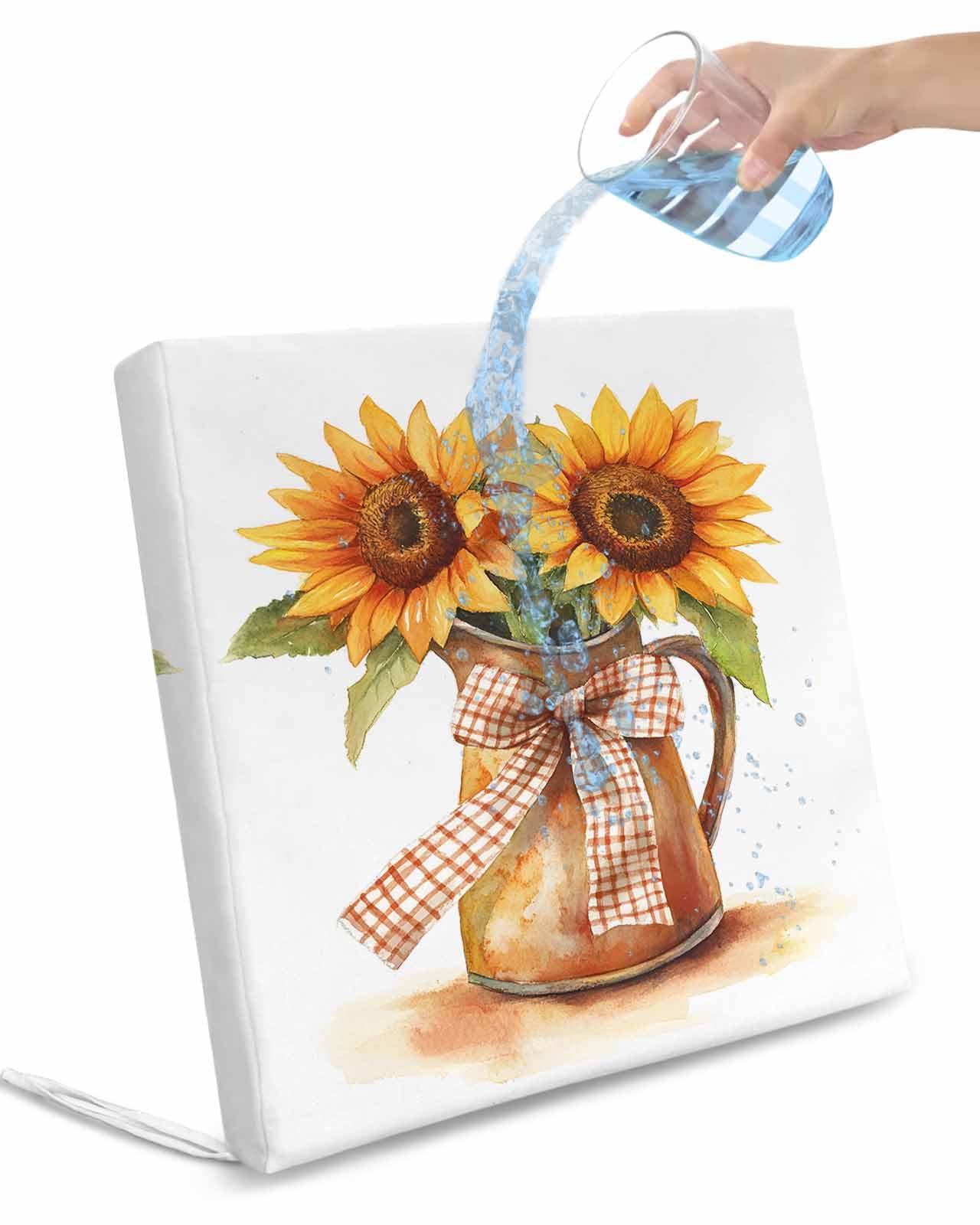 2 Pack Sunflower Waterproof Cushion Covers with Ties, Outdoor Patio Chaise Lounge Chair Seat Cushion Slip Covers Replacement(Only Cover) Orange Yellow Floral Painting Watercolor 22