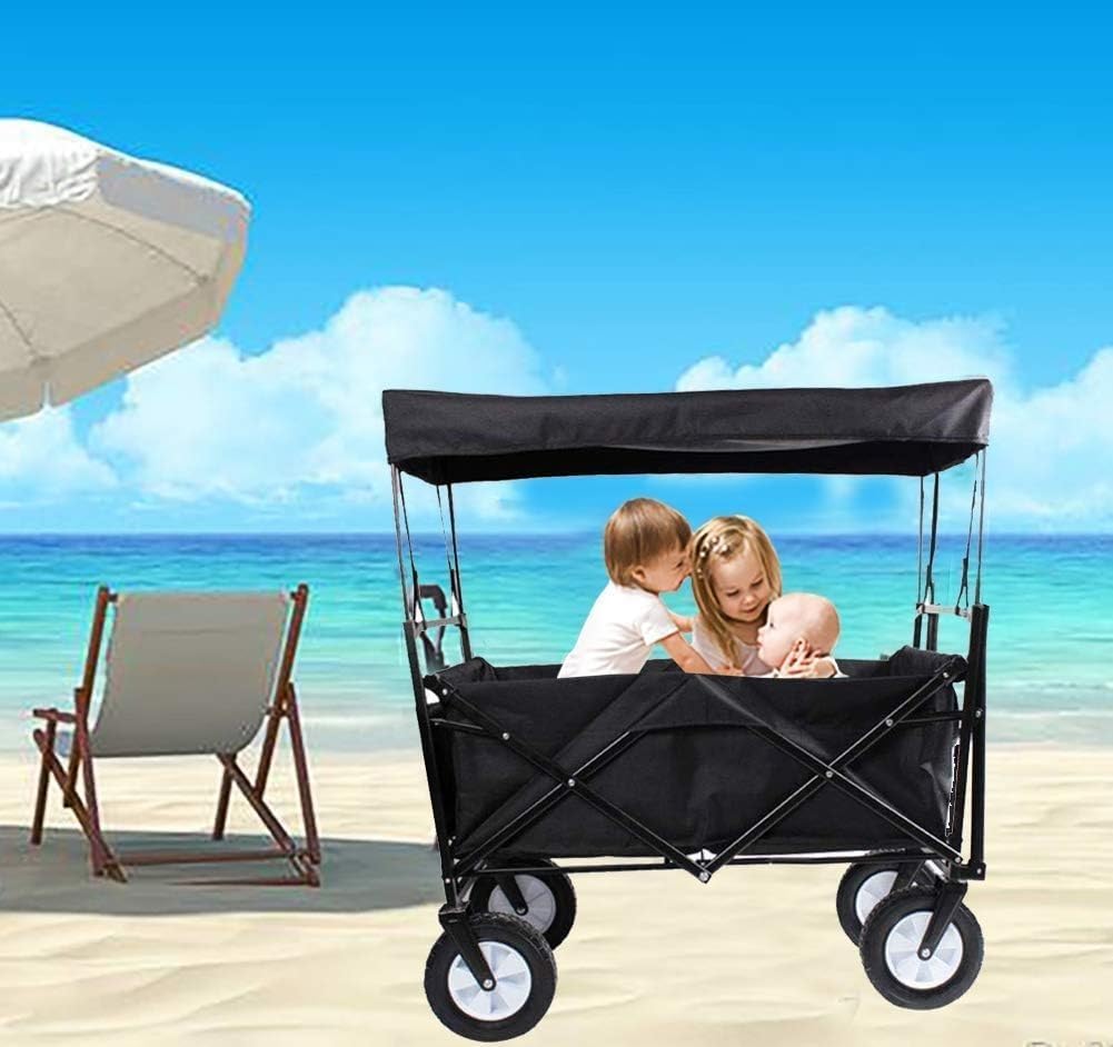 Collapsible Folding Wagon Cart, Garden Cart Collapsible Outdoor with Sun/Rain Shade,80 kg/176 Pounds Capacity,Push Bar for Shopping, Beach, Lawn, Sports Shopping Trolley