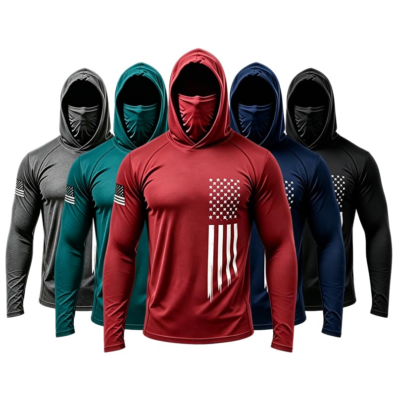 Men's Fishing Hoodie Shirt with Built-In Face Mask,American Flag UPF 50+ | Rash Guard Lon…