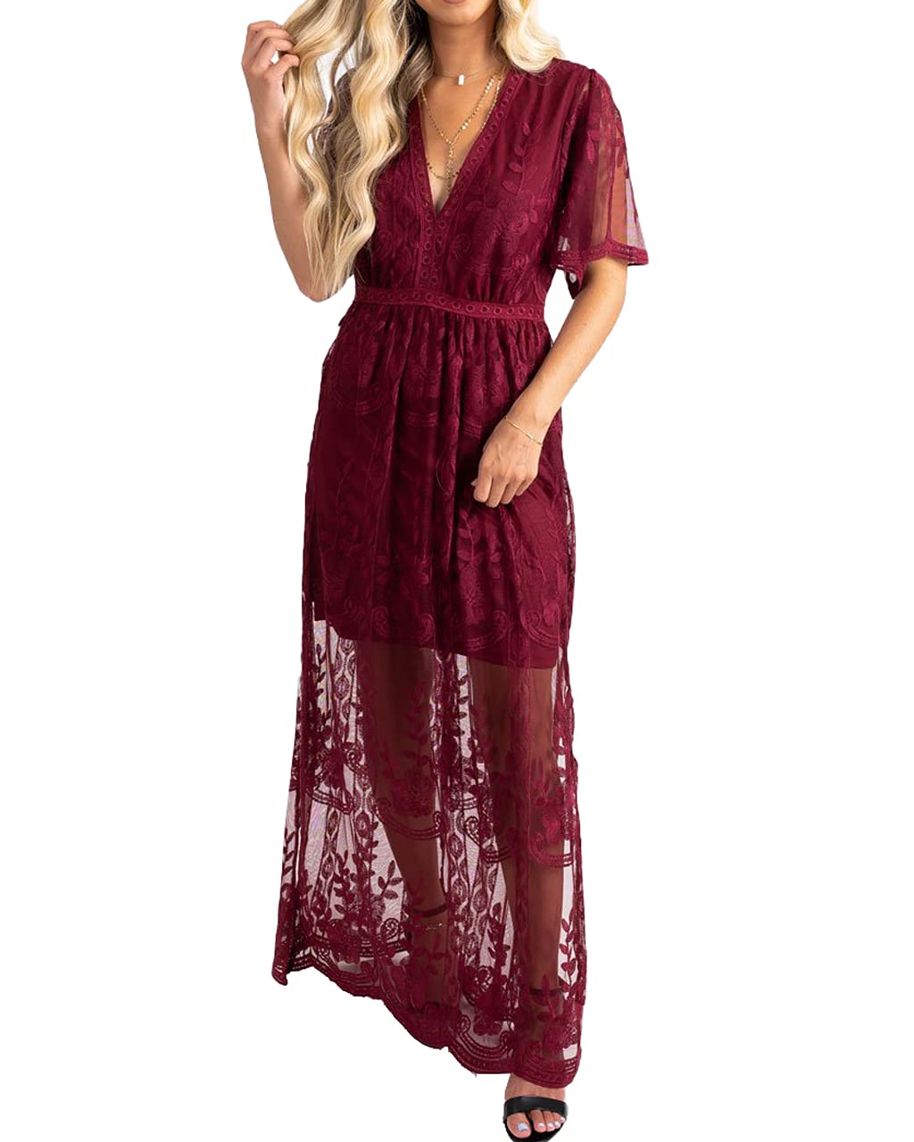 MERMAID'S CLOSET Women's V Neck Floral Lace Wedding Dress Wine Red Bridesmaid Cocktail Party Maxi Dress for Wedding Guest size L
