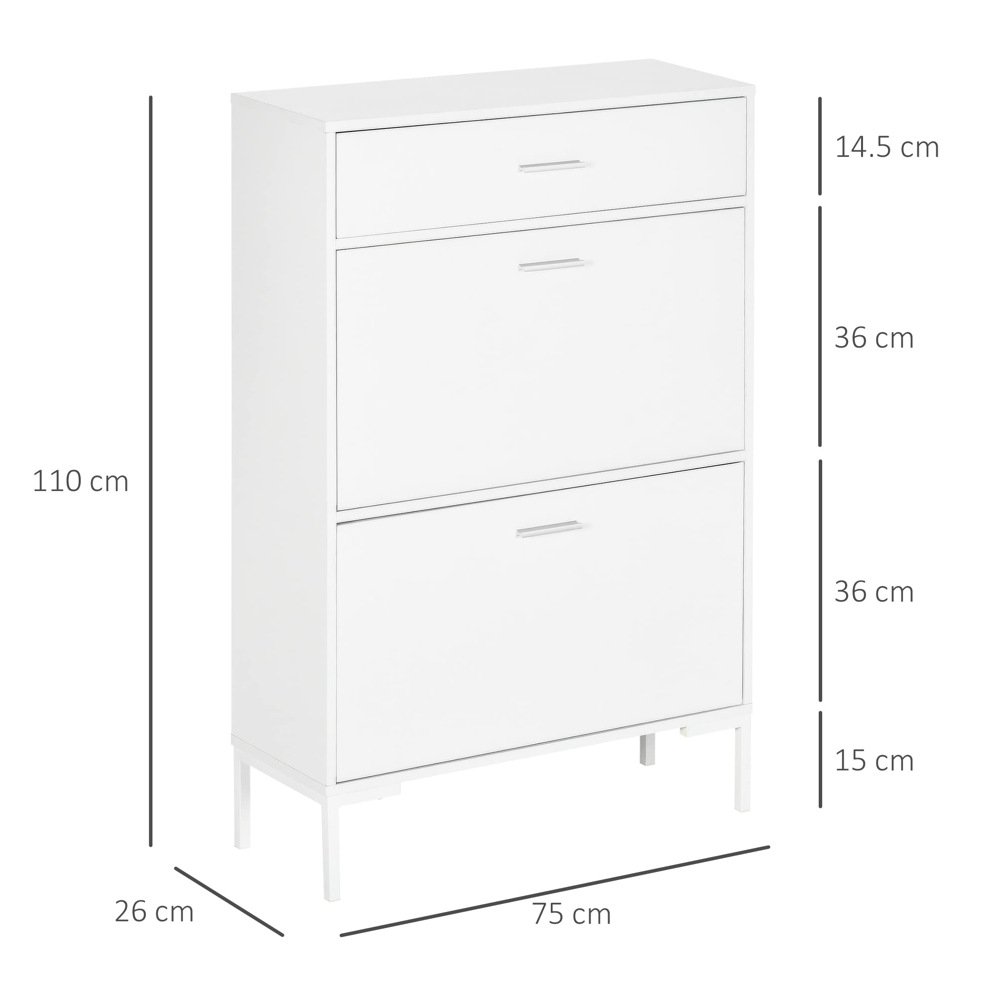 HOMCOM Mobile Portascarpe, Scarpiera Moderna per 12 Paia di Scarpe con 2 Ante a Ribalta e Cassetto, in Truciolato, MDF e Metallo, 75x26x110 cm, Bianco