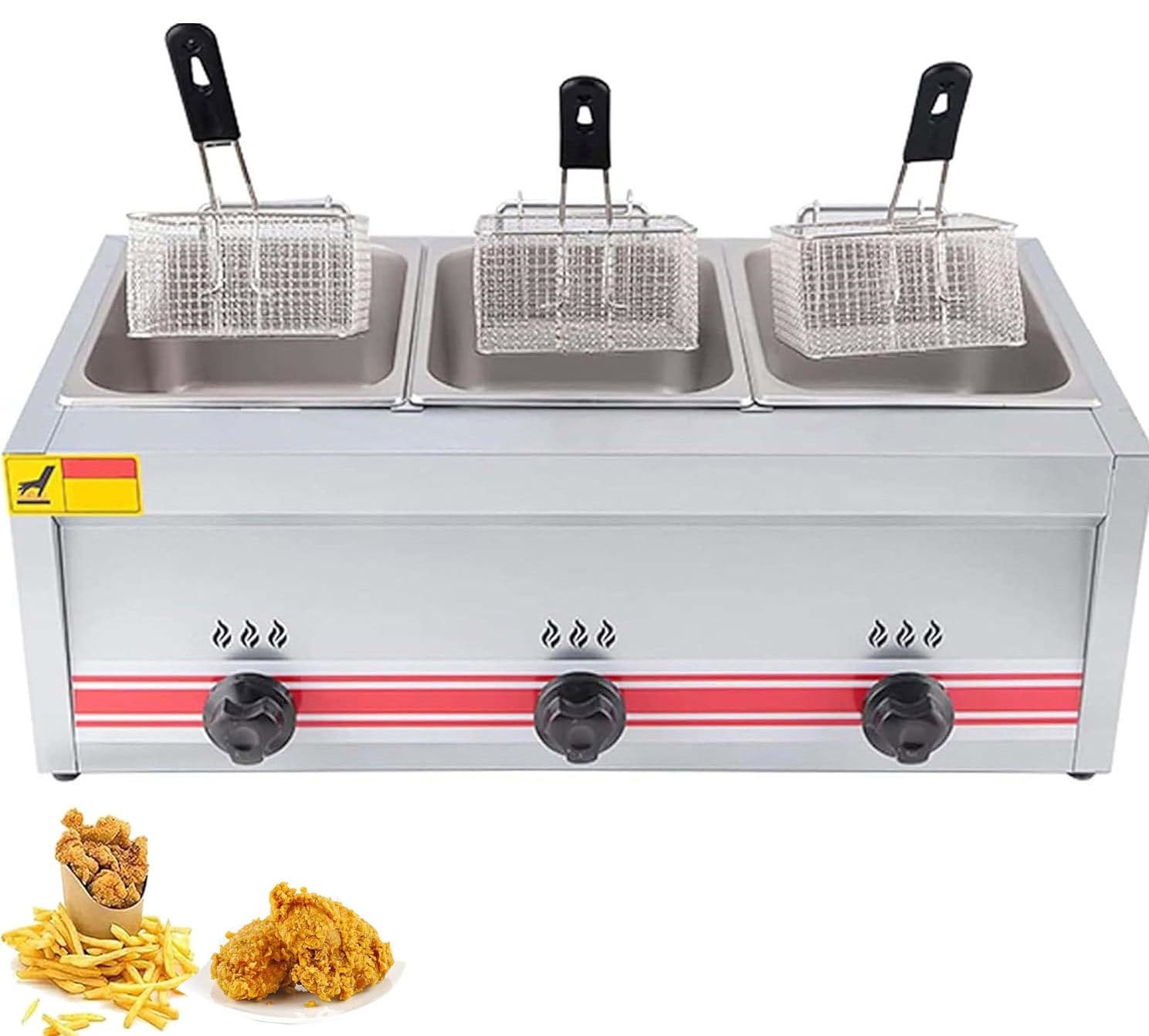 Friggitrice a Gas Professionale, friggitrice a Gas 10L/20L/30L Serbatoio in Acciaio Inox Friggitrice per Ristorante Commerciale Cucina Domestica Potenza di Fuoco Regolabile,Triplecylinder10L+10L+10L