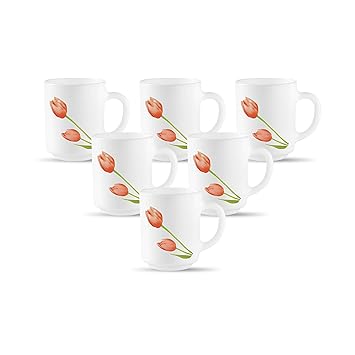 La Opala, Novo Collection, Opal Glass Coffee Mug Set Grace Medium 6 pcs, Scarlet Duet, White