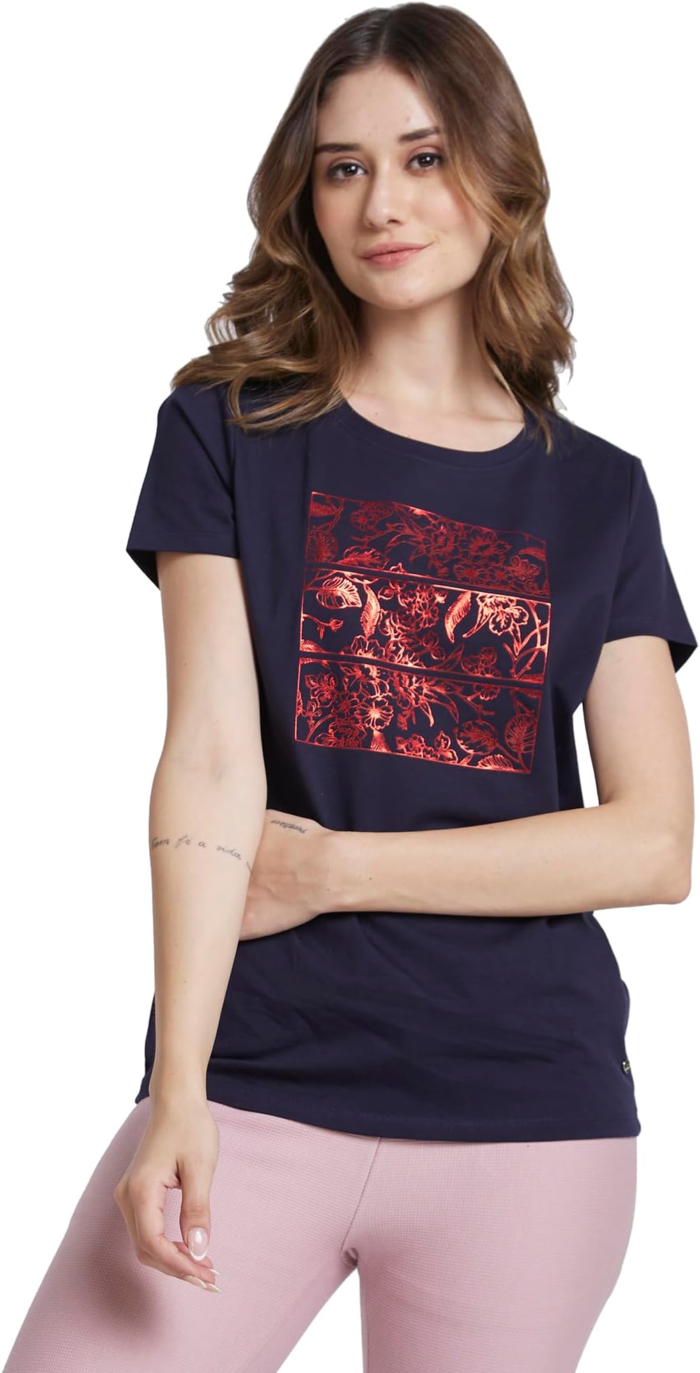 Spykar Women Navy Blue Blended Regular Fit Half Sleeve Round Neck Printed Tshirt