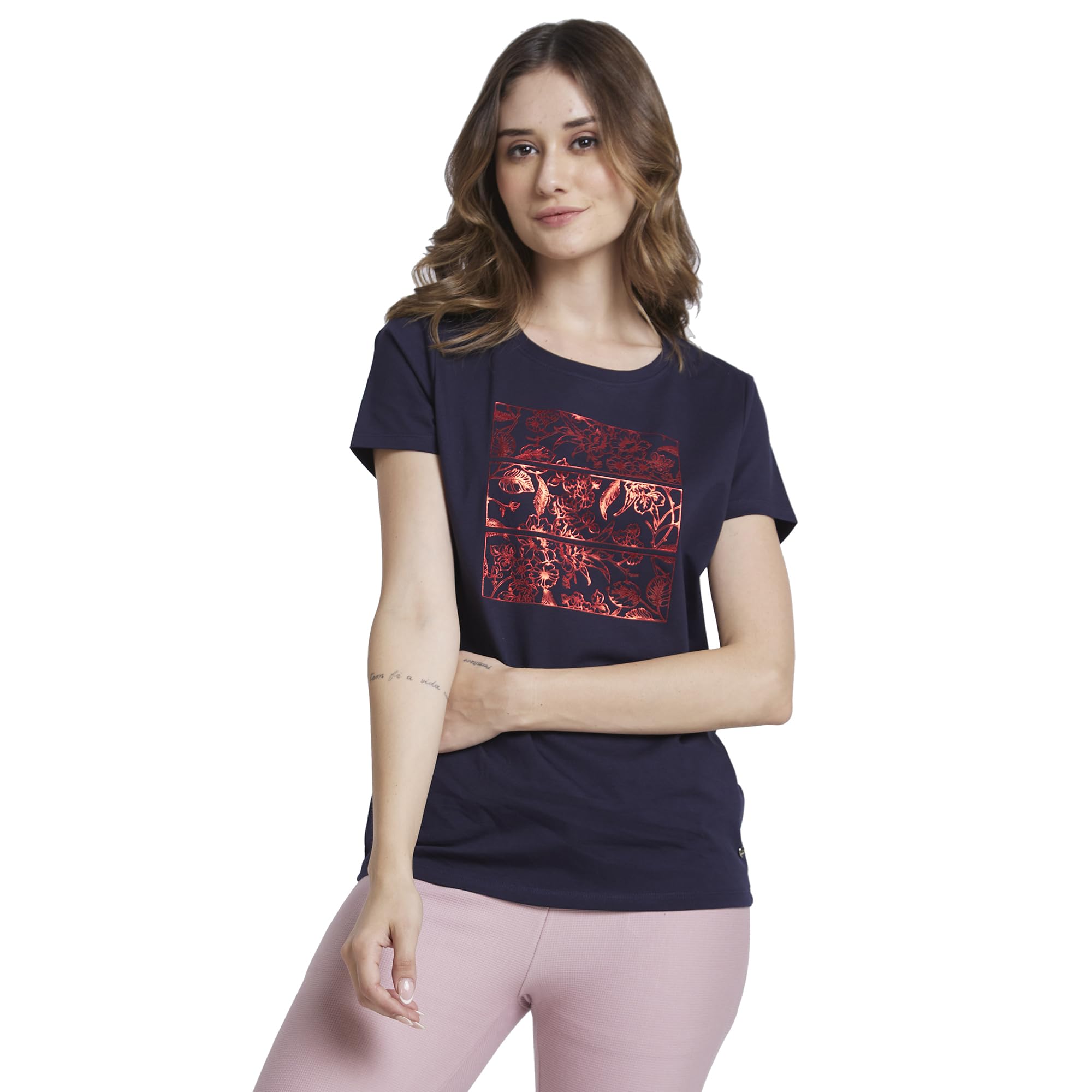 Spykar Women Navy Blue Blended Regular Fit Half Sleeve Round Neck Printed Tshirt
