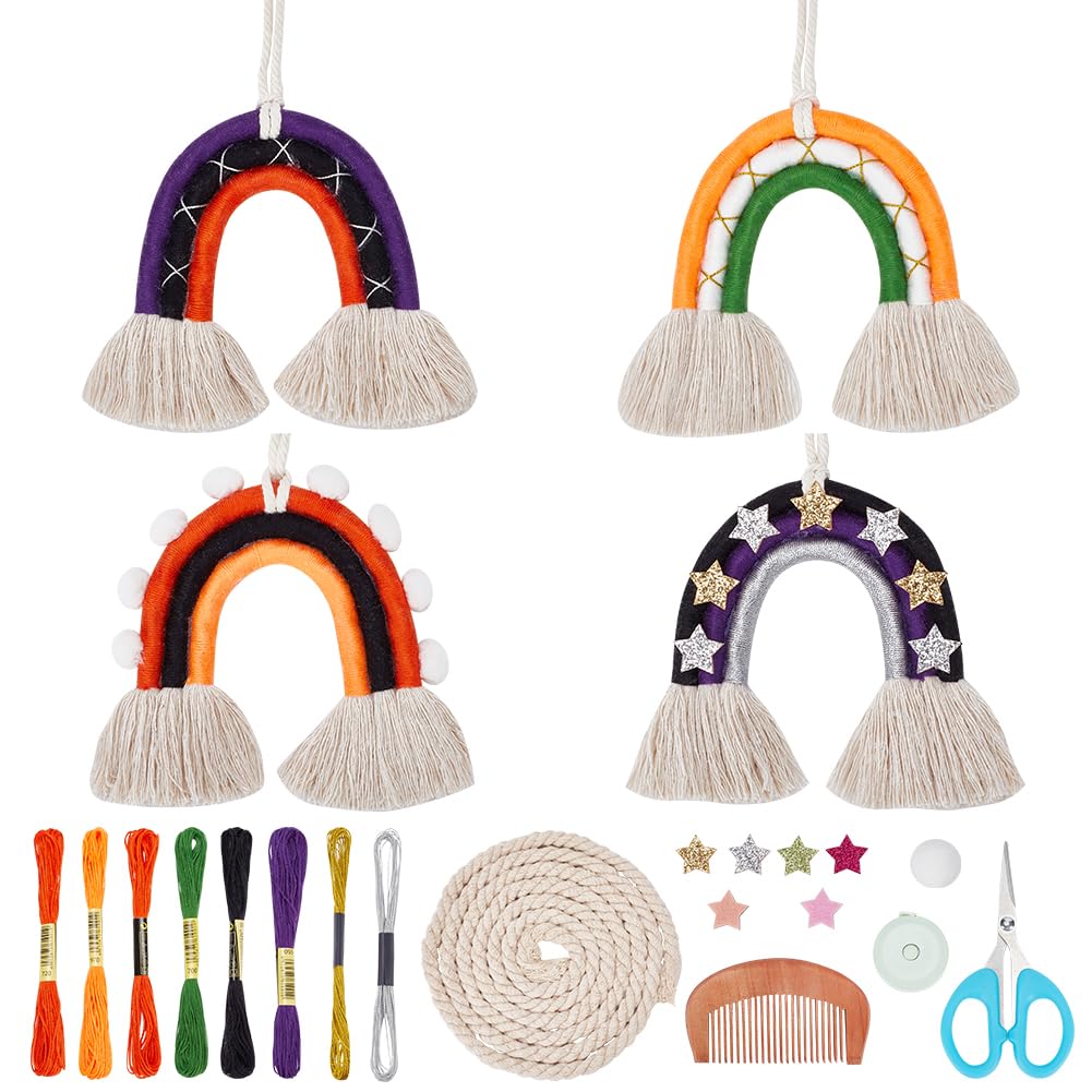 ORIGACH 4 Set Macrame Halloween Rainbow Ornament Kits for Beginners DIY Halloween Hanging Decorations Handemade Rainbow Wall Decor for House Living Room Party include Craft Supplies and instructions