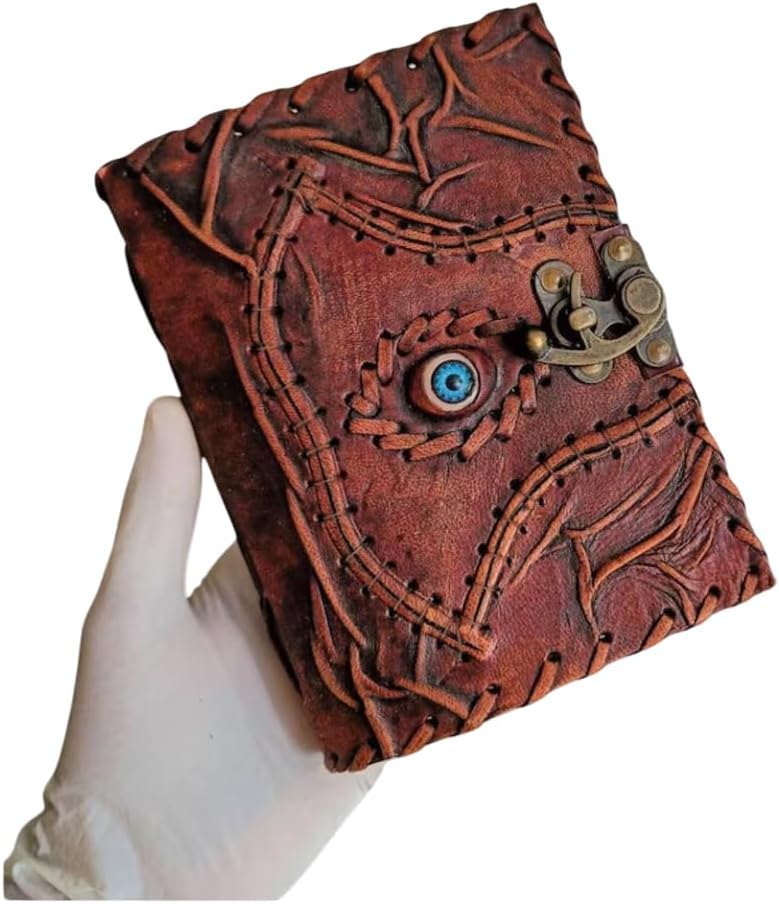 TUZECH Customizable Hocus Pocus Book of Spells Leather Journal with Third Eye Design Deckle Edge Paper Vintage Grimoire Witch Notebook with Seven Chakra Lock Clasp (7 x 5 Inches)
