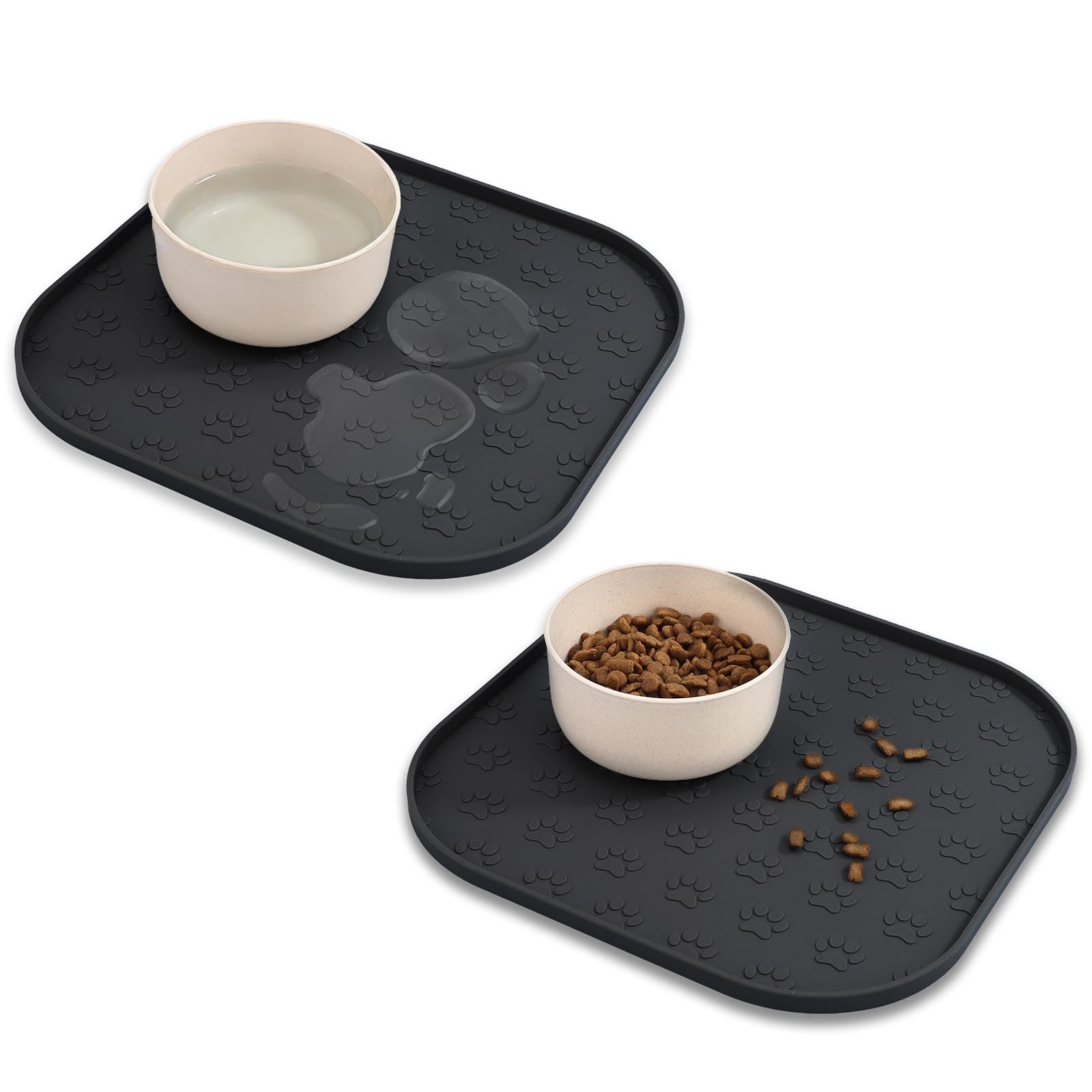 2 Pack Pet Feeding Mats, Waterproof Anti-slip Placemats for Dog Cat Bowl Silicone Pet Food Mat, Raised Edge Prevent Spills on Floor & Carpet, Dishwasher Safe (2 Black, 28cm x 28cm)