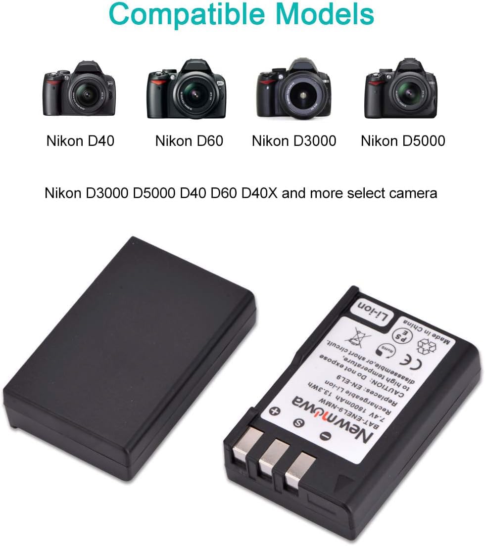 Newmowa EN-EL9 EN-EL9a Bateria (2szt) i Przenośna Ładowarka USB do Nikon | kompatybilny z Nikon EN-EL9 EN-EL9a i Nikon D40, D40X, D60, D3000, D5000