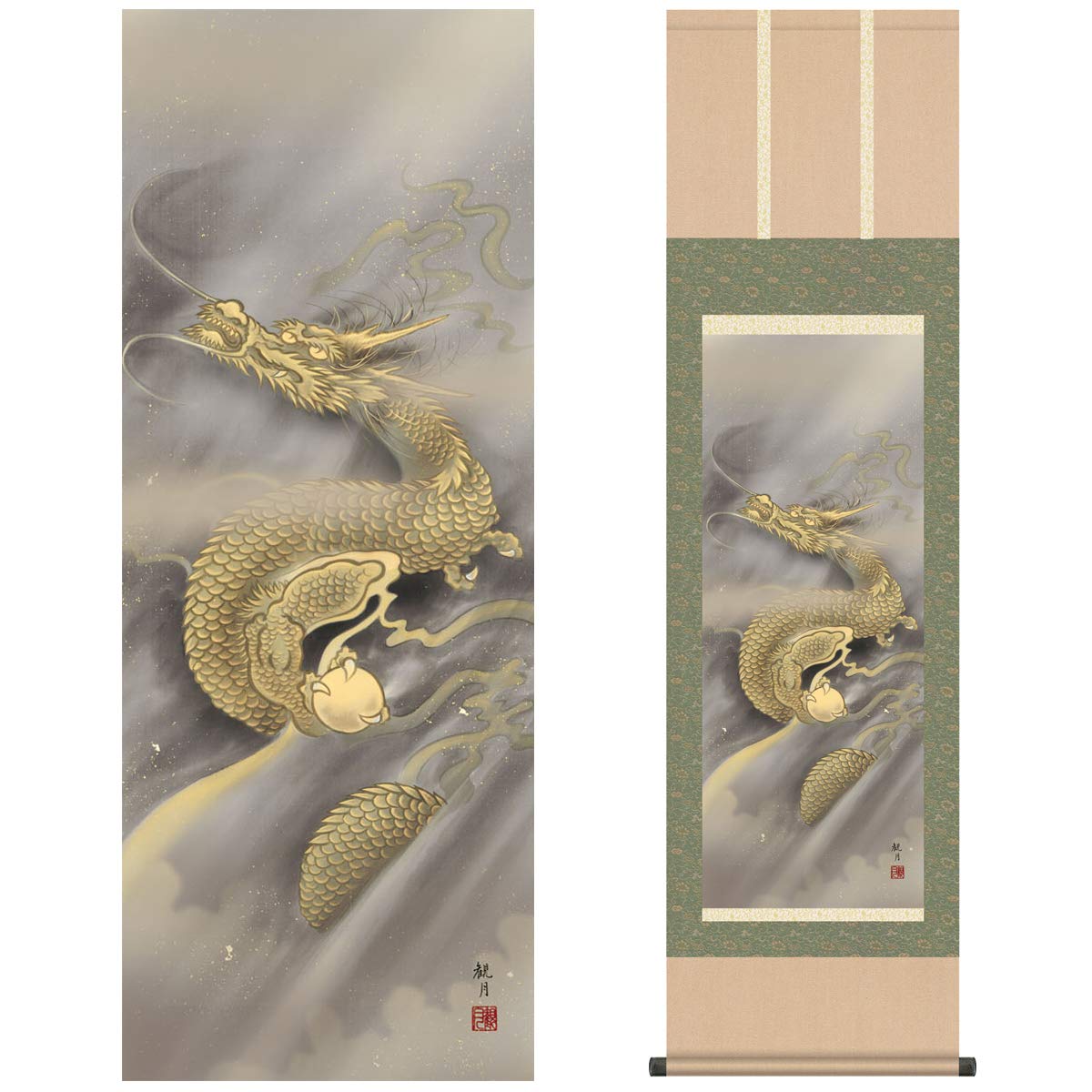Amazon.co.jp: 掛け軸 モダン 尺三 縁起画掛軸 龍神図 森山 観月 三美