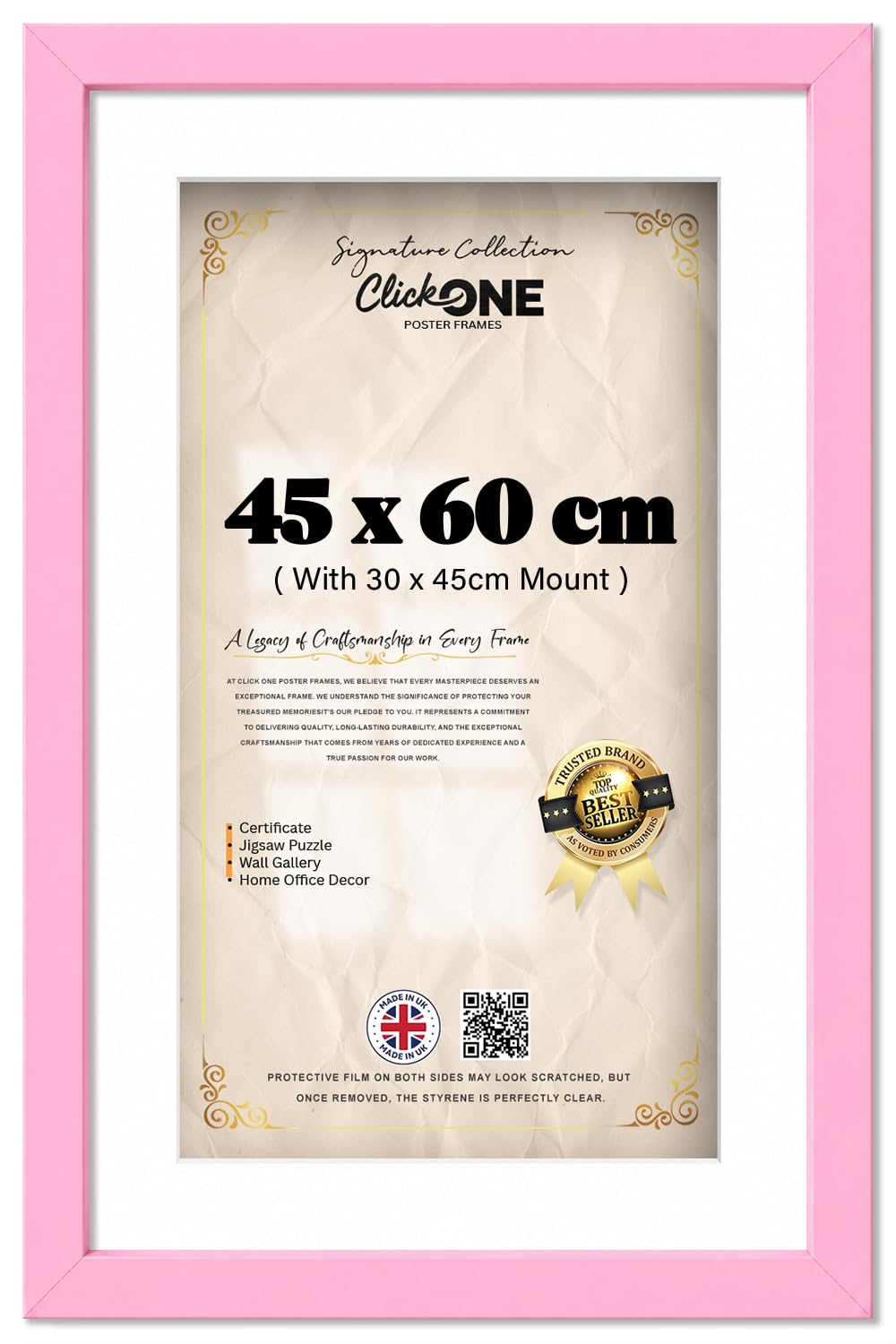 Click One Personalized Picture Frame Handmade 45 X 60 Cm With 45 X 30 Cm White Mount 24 X 18 Inch Rectangle Engineered Wood With HD Crystal Clear Back Board And Metal Hanger Pink For Home Decor