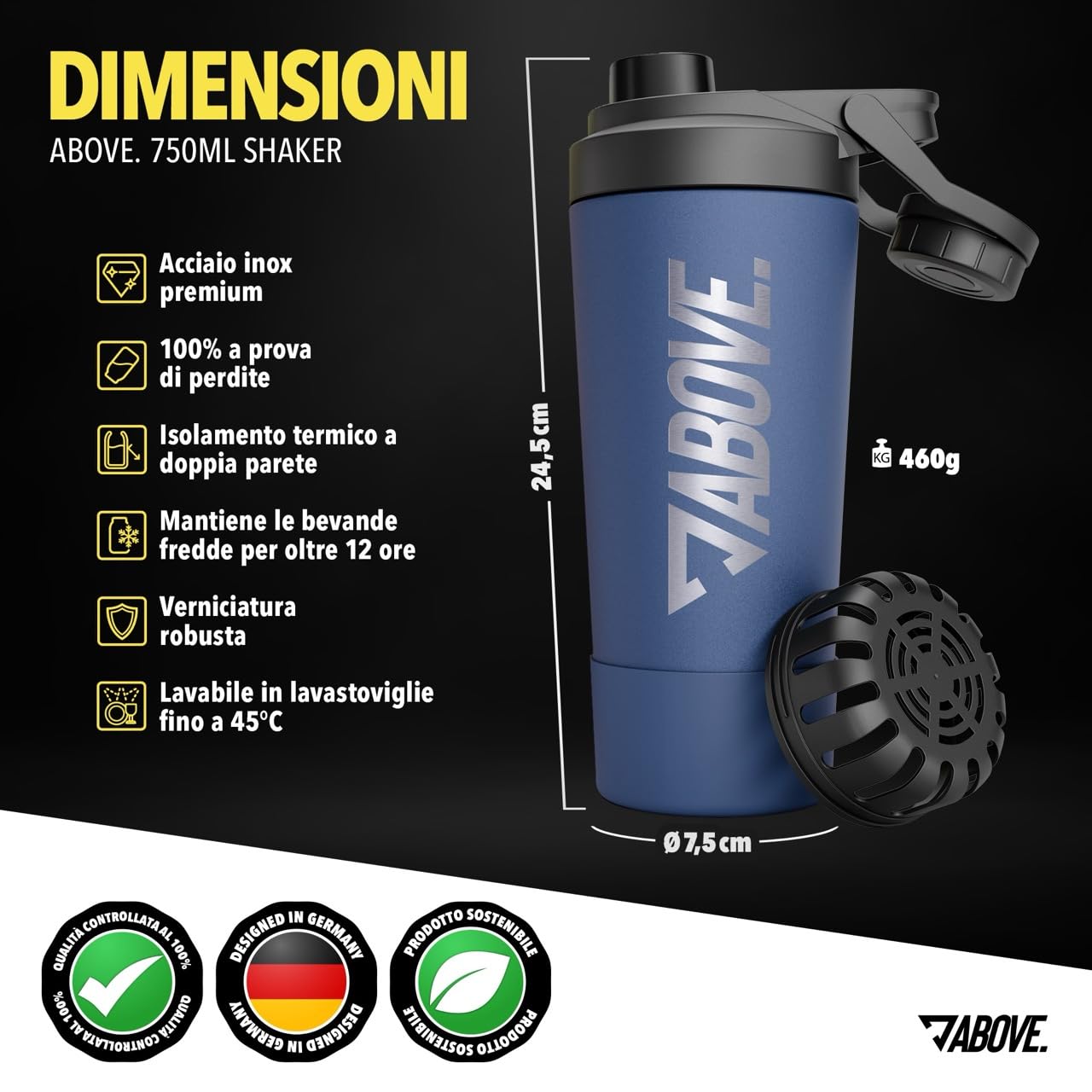 ABOVE. Shaker Proteine Acciaio Inox 750ml – Senza BPA e Termico: Bevande Fredde per 12H – Scala Incisa & Tappo 100% Antigoccia – Robusto e Durevole – Lavabile in Lavastoviglie fino a 45°C (Blu)