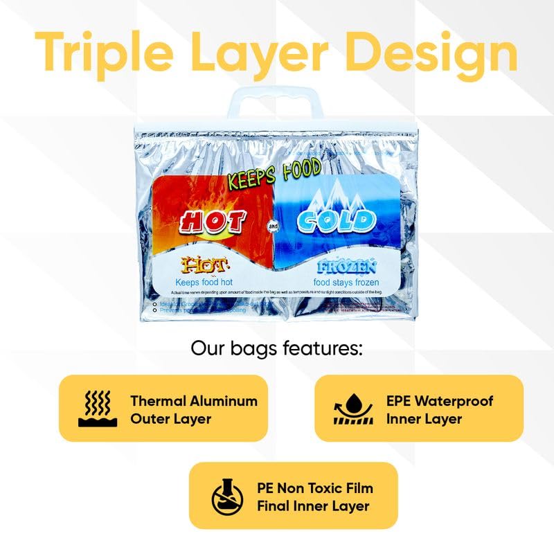 Image of Superio Hot and Cold Insulated Bags for Food Delivery, Grocery Shopping Bags, Food Storage for Hot and Frozen Food for Travel, Disposable Cooler Bag, Reinforced Thermal Lunch Bag (10, 13 inchx5.5 inchx8.5 inch)