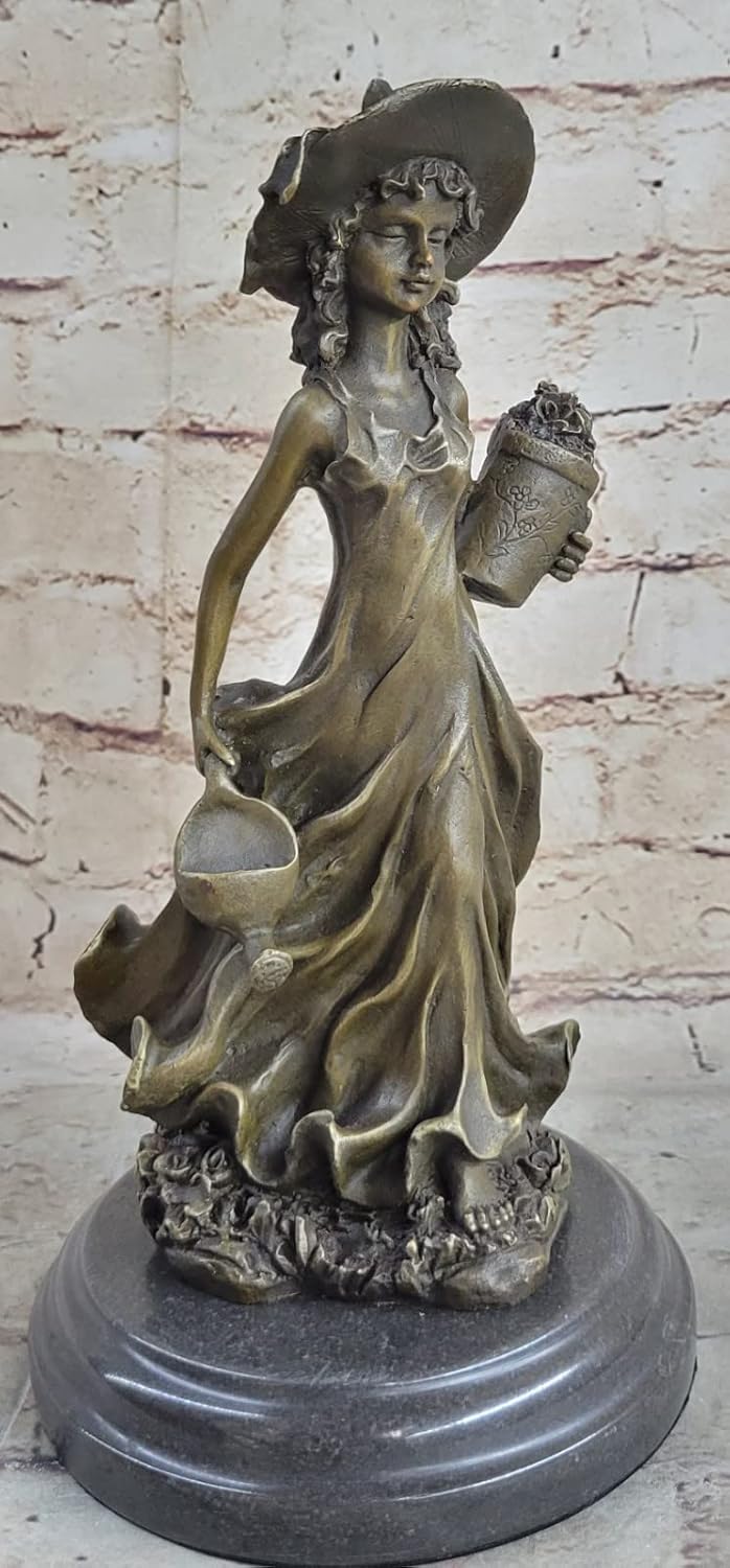 Vintage Style Bronze Bust Statue Sculpture Woman Hat Flower with Marble Base