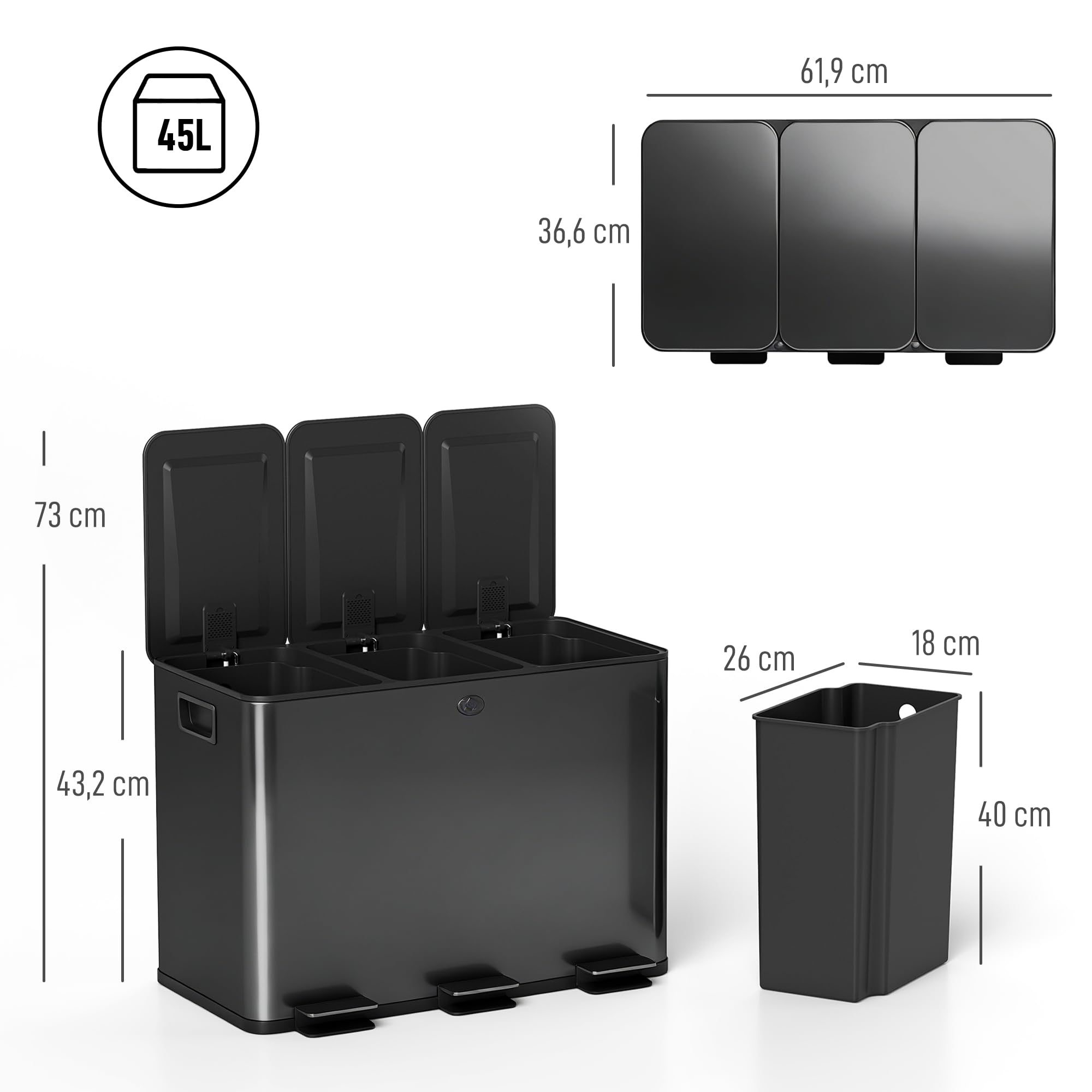 HOMCOM Poubelle cuisine 3 x 15L acier inoxydable tri sélectif 3 compartiments pédale