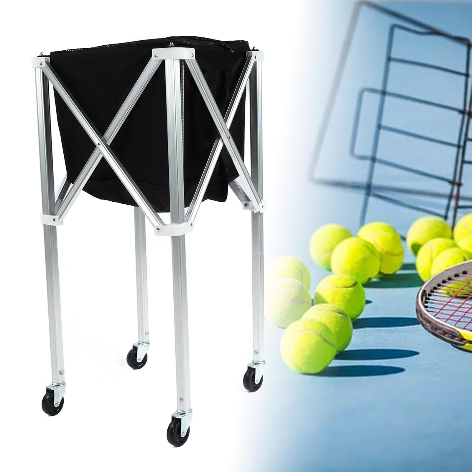 Cryfokt Carrello Pieghevole per Palline da Tennis Carrello Leggero e Facile da Trasportare per Bambini Lega di Alluminio Nera 35,4x16,1x16,1 Pollici