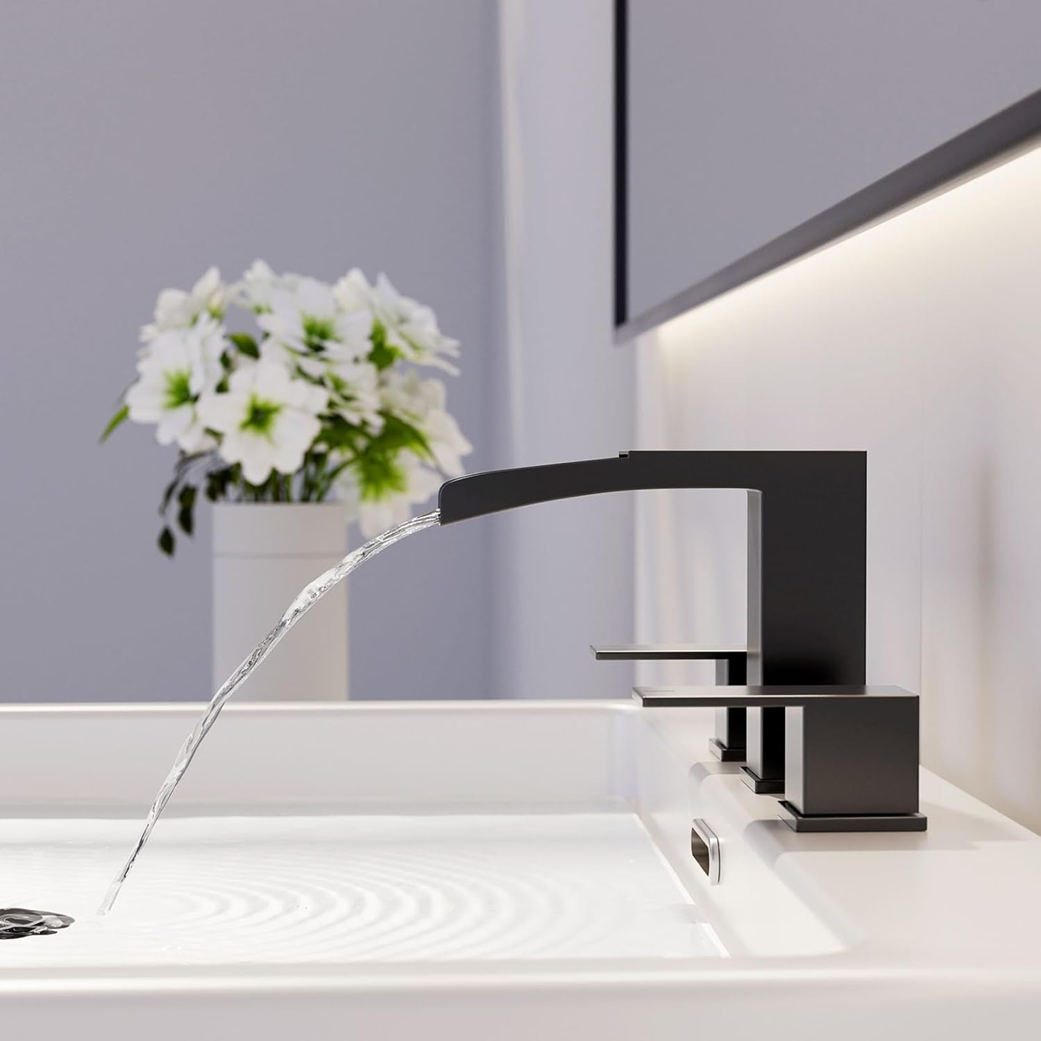 Phiestina Widespread 8 Inch Matte Black 2 Handles Waterfall Bathroom Faucet for 3 Holes Sink with Pop Up Drain Assembly & Water Supply Lines, NS-WF002-1-MB