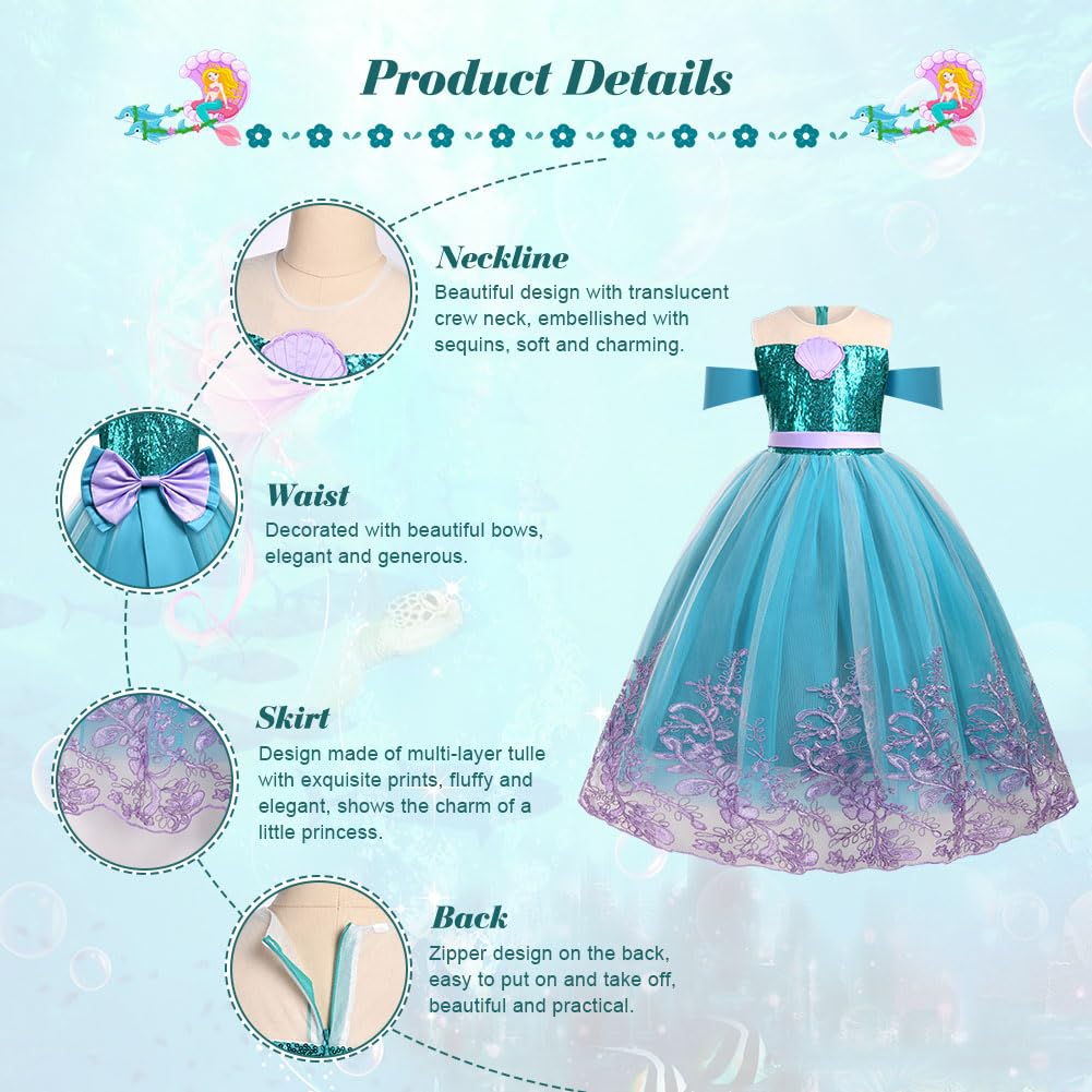 AOOWU Vestito Sirenetta Bambina, Sirena Principessa Vestito Costume con Parrucca, Vestiti Sirenetta Costumi Cosplay Sirena per Halloween, Natale, Cosplay, Compleanno