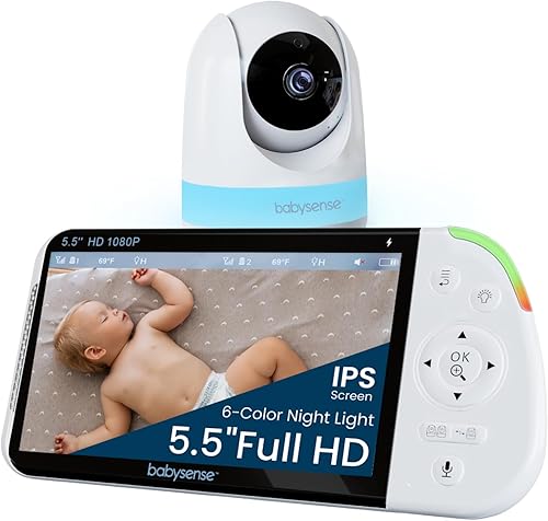 Babysense Monitor de bebé con pantalla dividida Full HD de 5.5 pulgadas con cámara y audio, luz nocturna de 6 colores, ruido blanco, máquina de