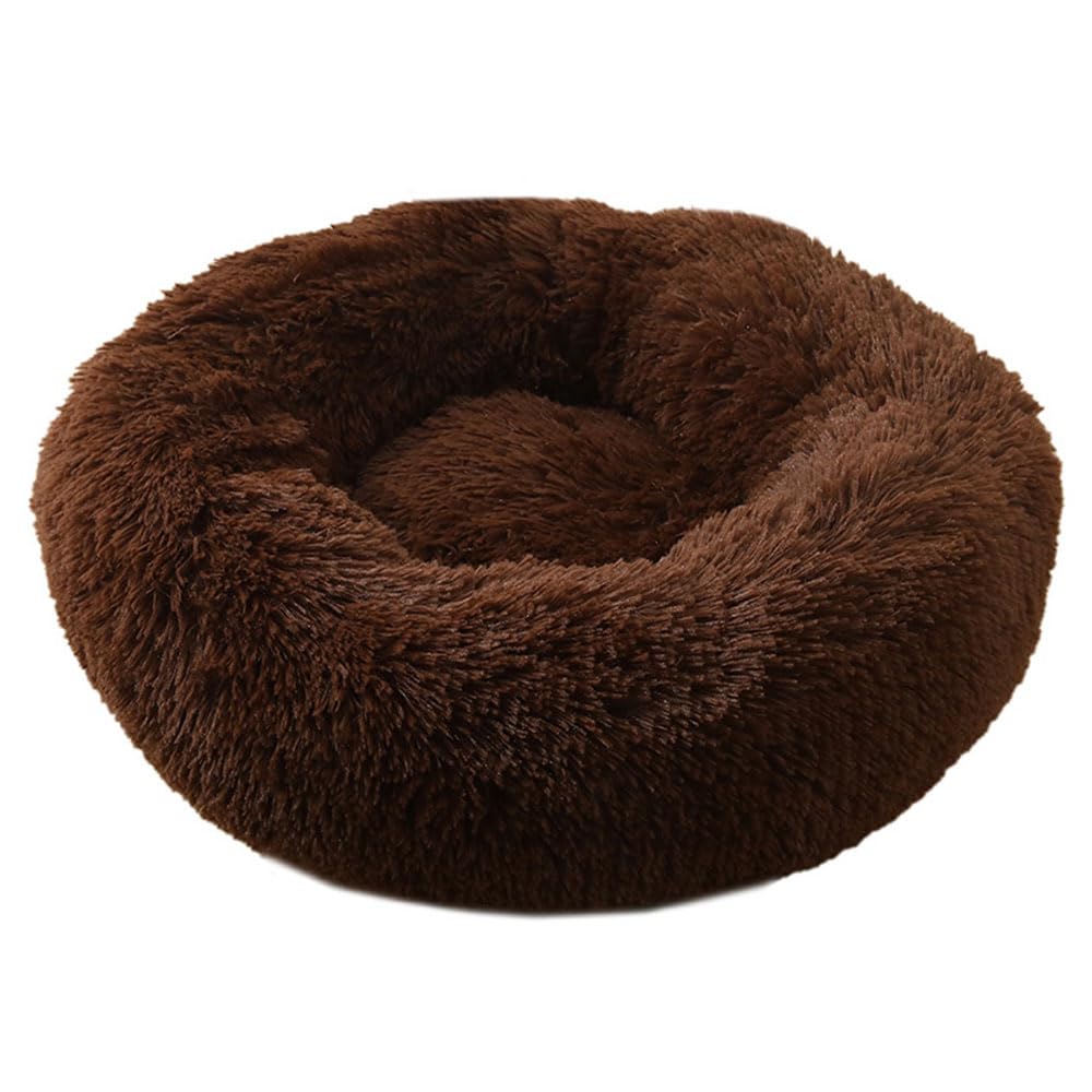 Hiseng Soft Fluffy Dog Bed, Solid Color Self-Warming Cat Bed Washable Round Dog Beds Medium, Plush Anti-Slip Bottom Donut Cat Beds for Indoor Cats (90cm,Dark Brown)