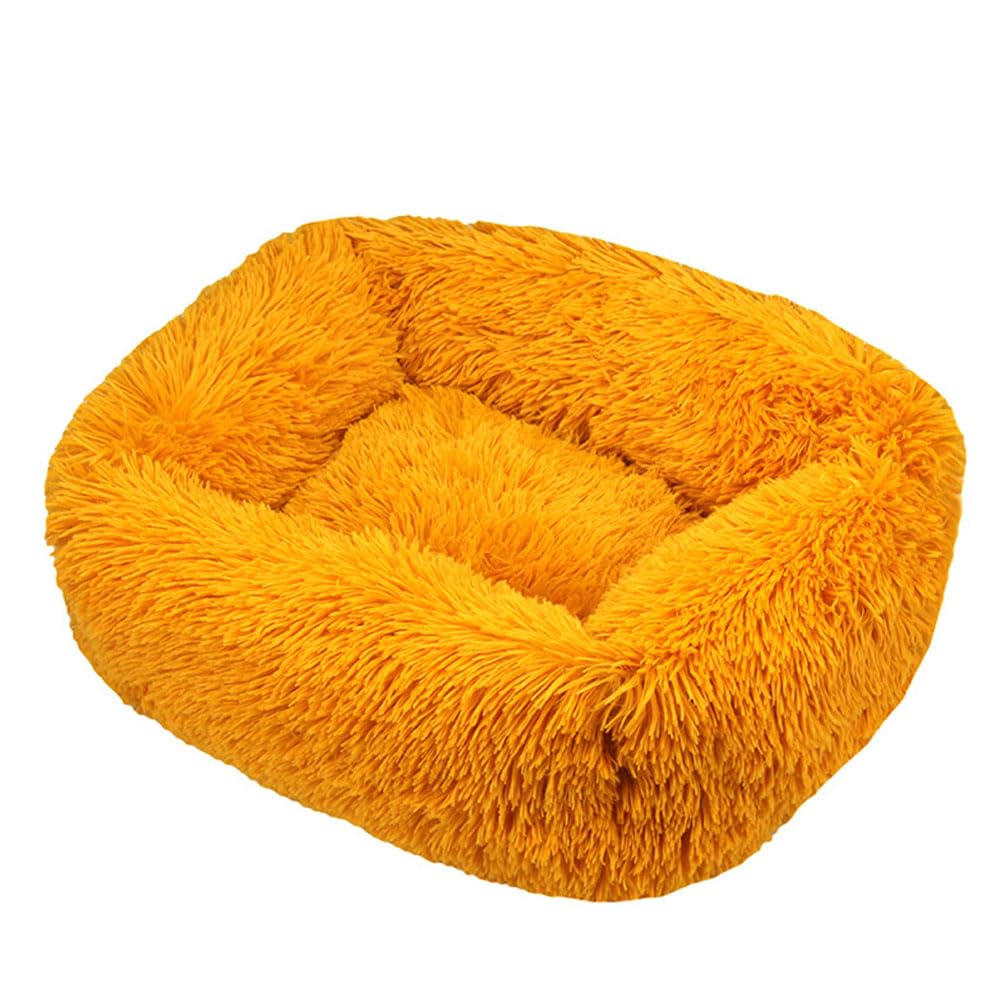 Hiseng Soft Fluffy Dog Bed, Simple Solid Color Self-Warming Cat Bed Washable Square Dog Beds Medium, Plush Anti-Slip Bottom Donut Cat Beds for Indoor Cats (M 66x55cm,Orange Color)