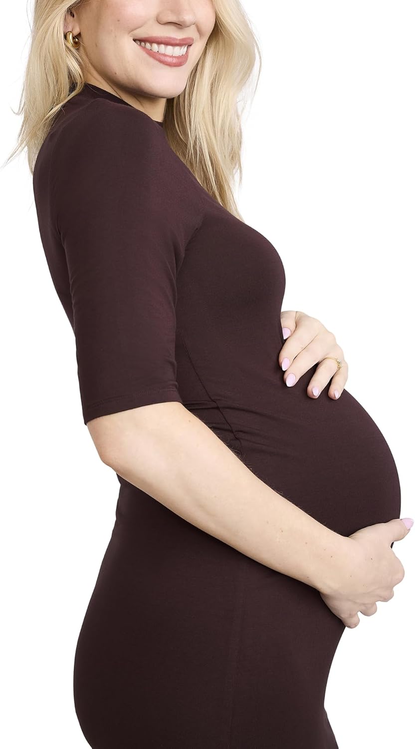 Motherhood Maternity Women's Elbow Sleeve Ribbed Mock Neck Maxi Pregnancy Dress