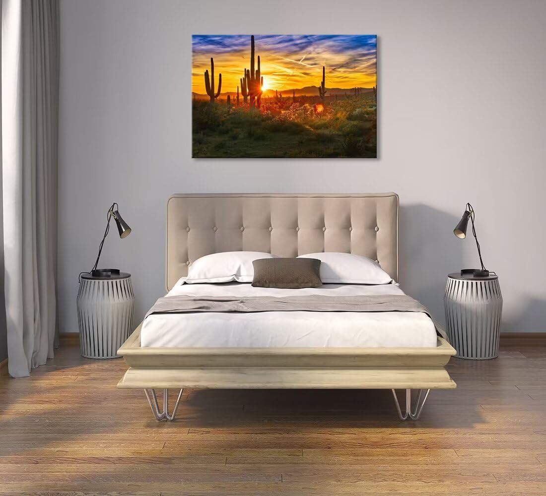 Sunset Sonoran Desert Wall Art for Living Room Bedroom Bathroom Home Decorations Cactus Picture Poster Framed Artwork Canvas Prints Ready to Hang(24''H x 36''W)