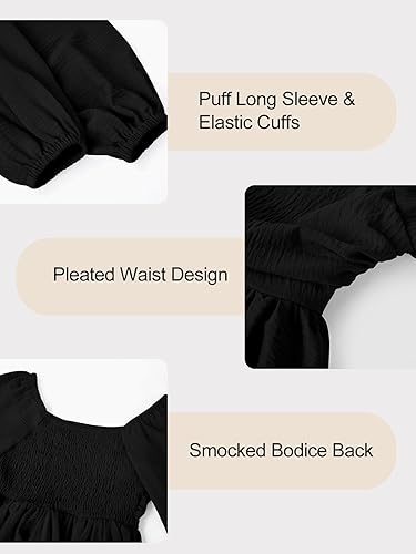 Girls Fall Dress Long Sleeve Dresses Smocked Ruched Square Neck Tiered Flowy Casual Formal Tween Dress 5-14 Years(Black,7-8 Years)