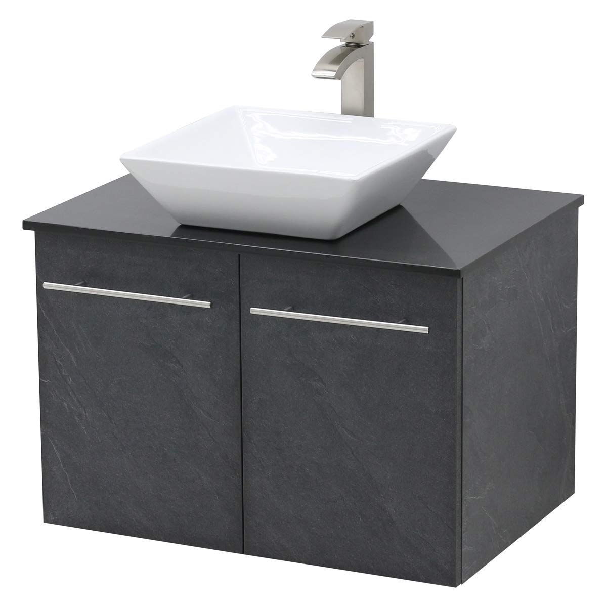 Wall Mount Floating Bathroom Vanity Sink Set. Dark Slate Grey Vanity, White Flat Stone Countertop Ceramic Sink - 30"