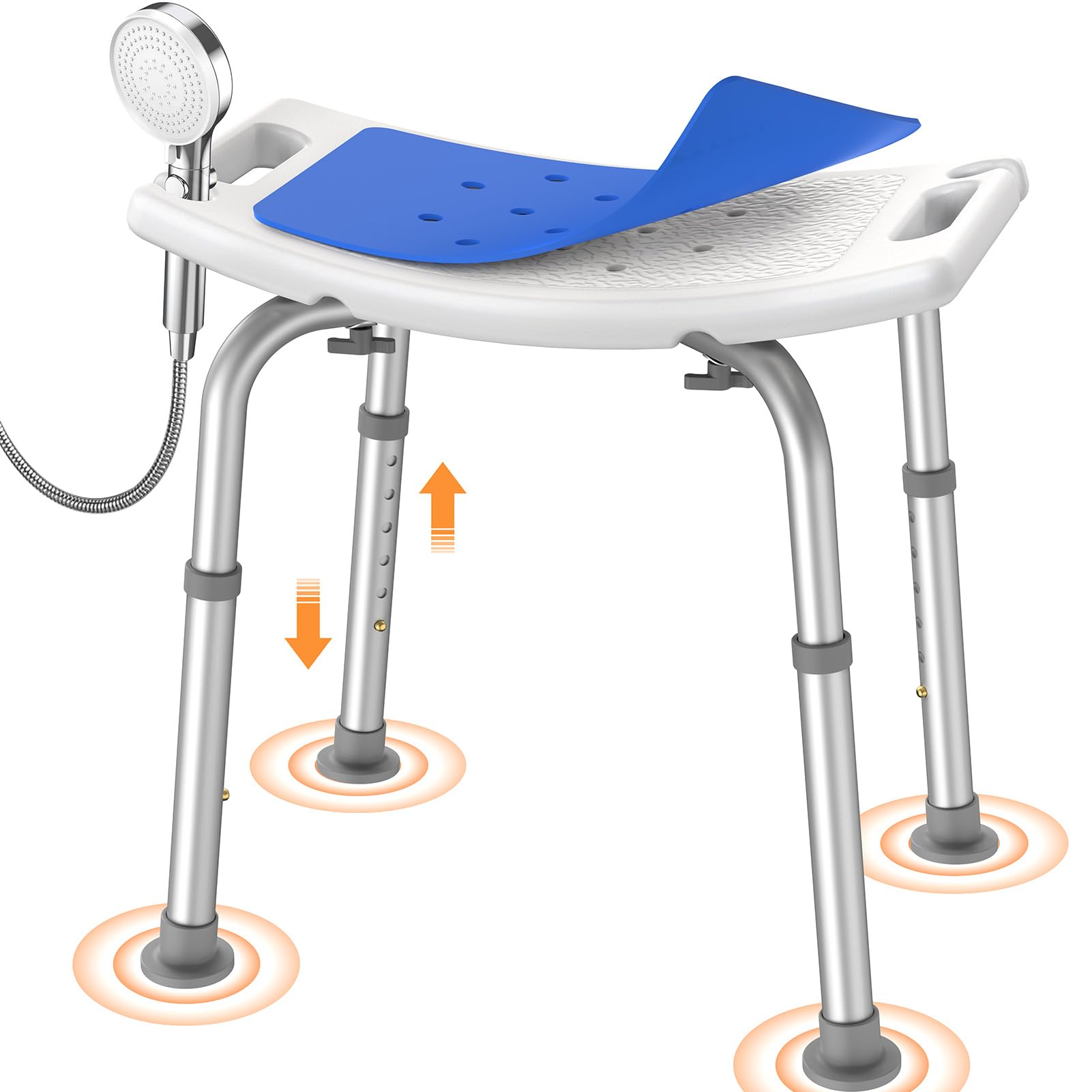 Luckfaith LC06 Shower Stool for Elderly, Built-In Seat Grips & Shower Head Holder, Non-Slip Bath Chair Supports 348 lbs, Adjustable Shower Seat for Small Shower, Blue