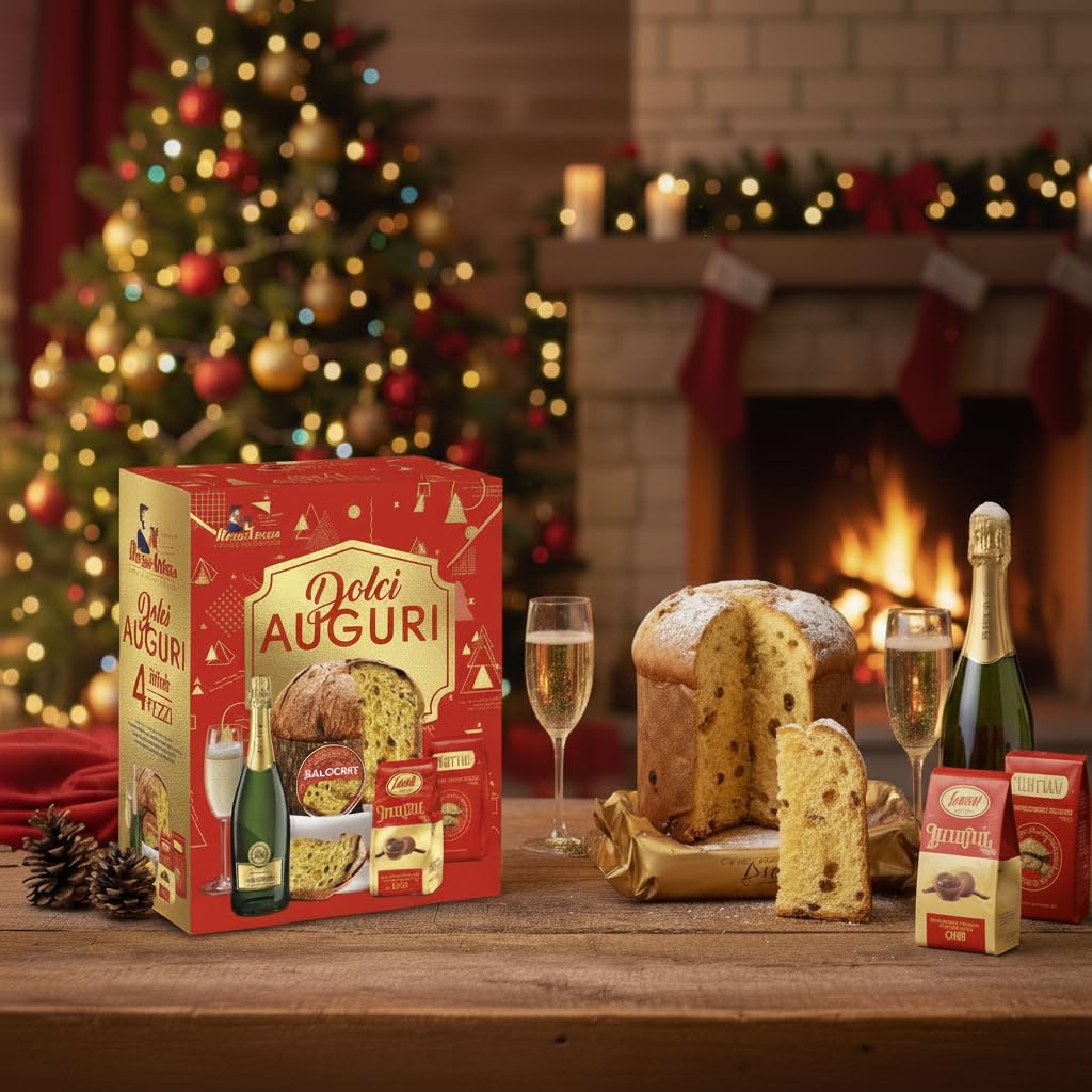 Cesto Natale Dolci Auguri - (4 Pezzi) Con Panettone Classico, Praline al Cioccolato Al Latte Ripiene Con Crema Al Cacao, Biscotti Alle Mandorle e Spumante dolce